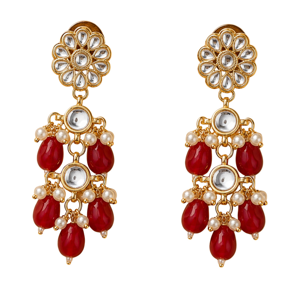 Gold-toned Indian floral kundan stone and faux pearl earrings with clear stones red teardrop beads for wedding and ethnic wear