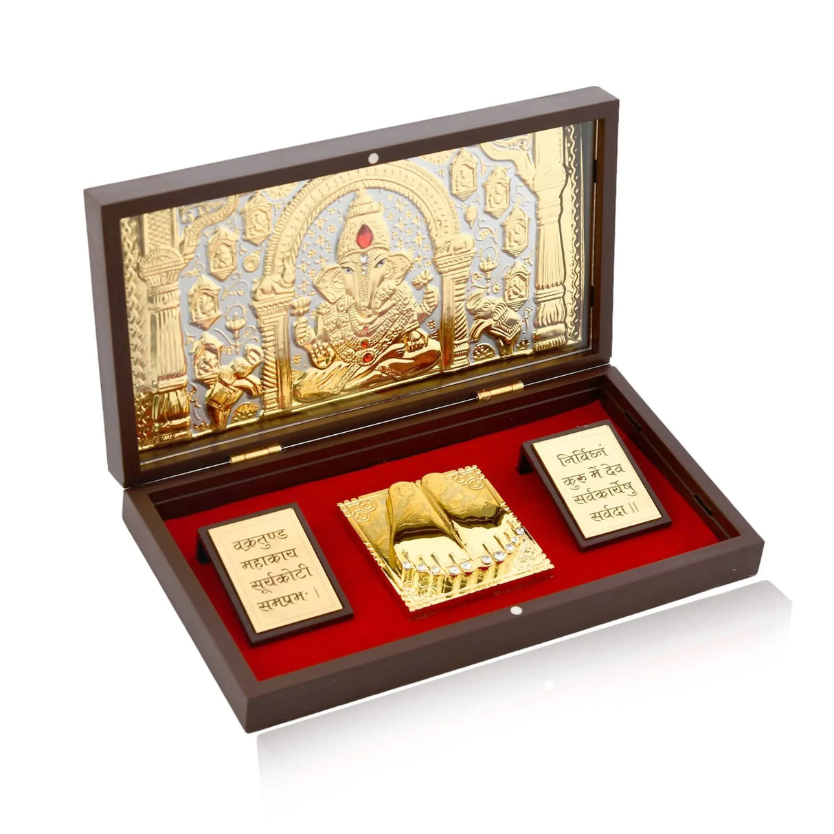 Large Gold Plated Ganesha Photo Frame with Charan Paduka & Mantra for Diwali Housewarming Indian Wedding Return Gift Worship Pooja Room Decor Hindu Religious Devotional Paduka Prayer Box - LoveNspire