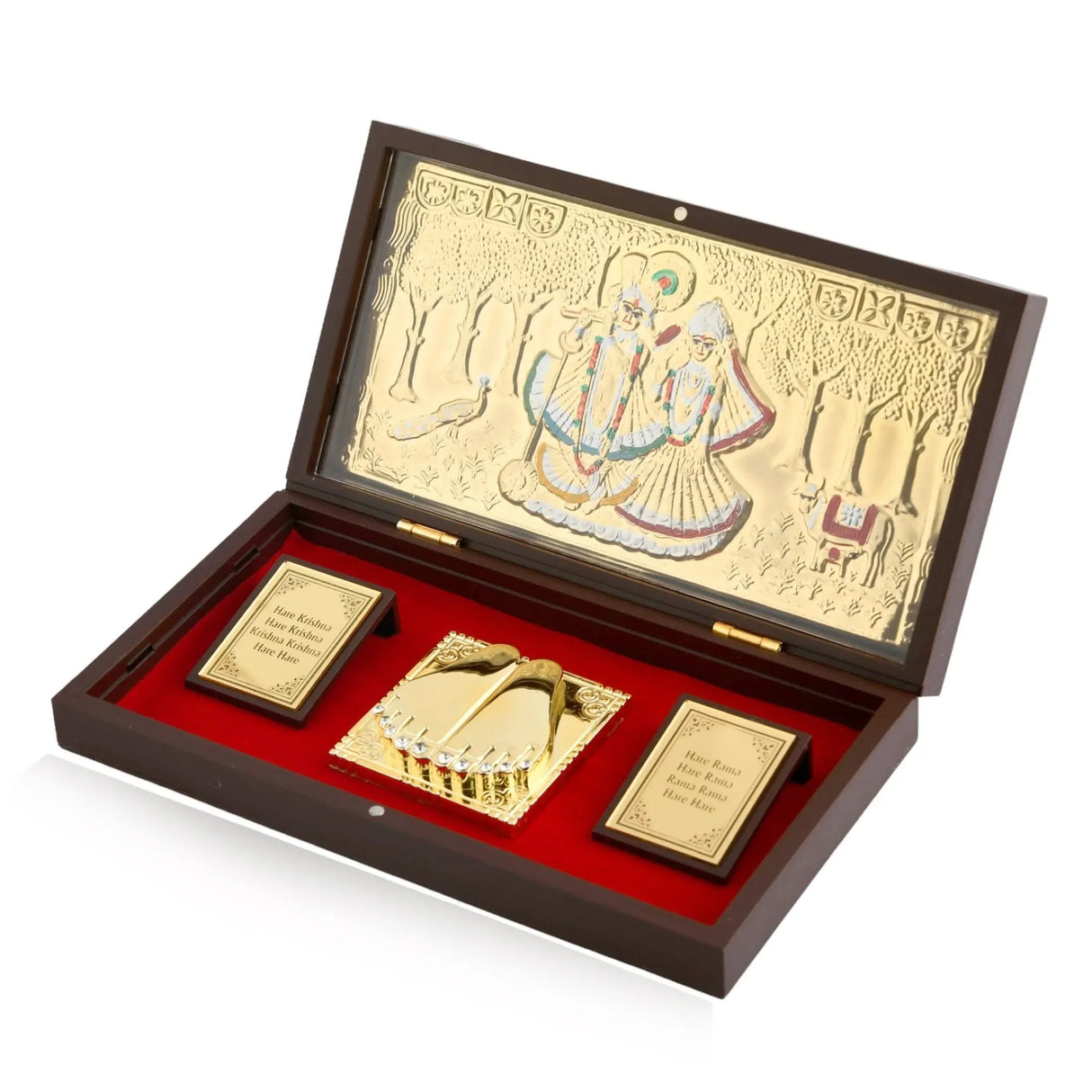 Large Gold Plated Radha Krishna Photo Frame with Charan Paduka for Diwali Housewarming Return Gift Worship Pooja Room Decor Hindu God Religious Devotional Paduka Prayer Box - LoveNspire