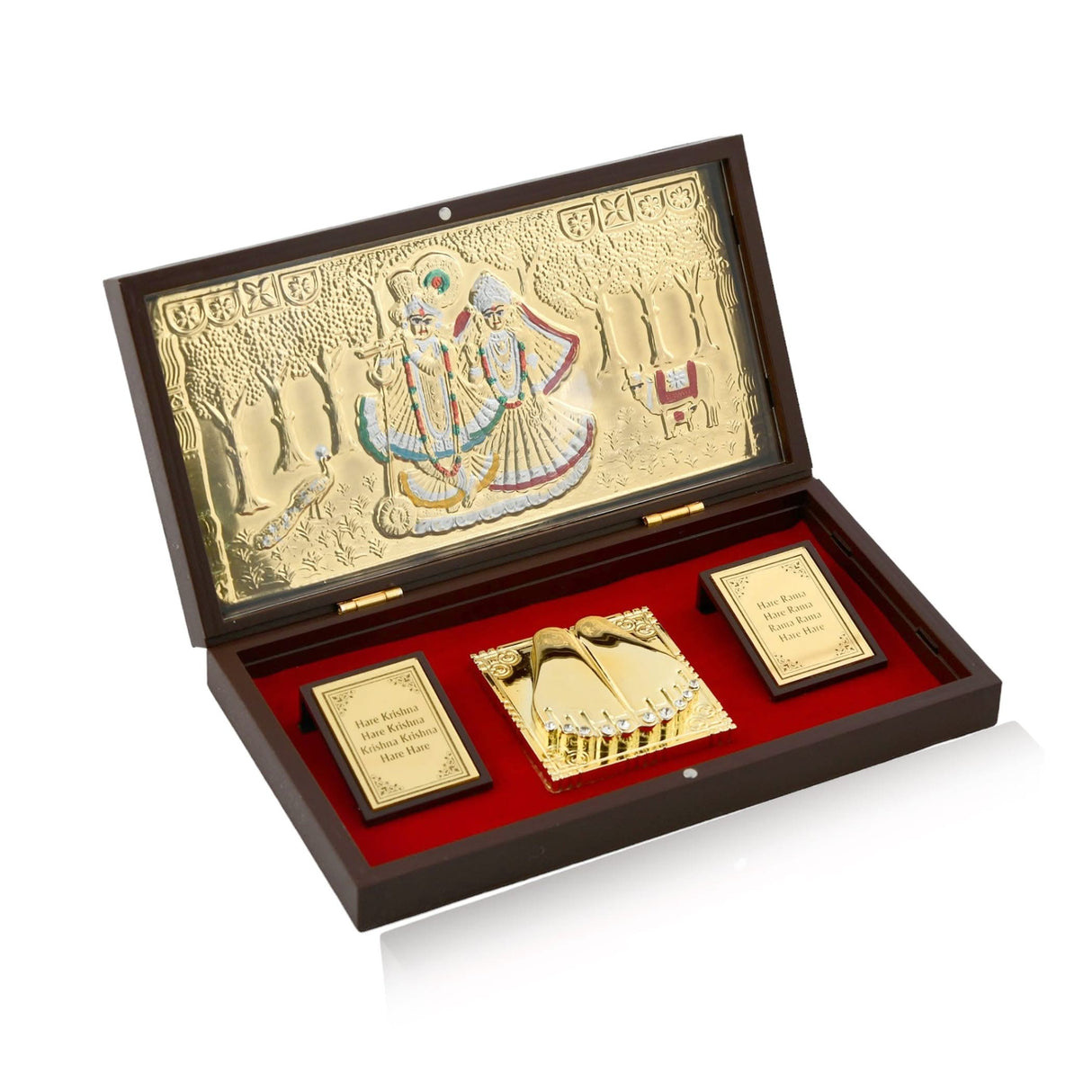 Large Gold Plated Radha Krishna Photo Frame with Charan Paduka for Diwali Housewarming Return Gift Worship Pooja Room Decor Hindu God Religious Devotional Paduka Prayer Box - LoveNspire