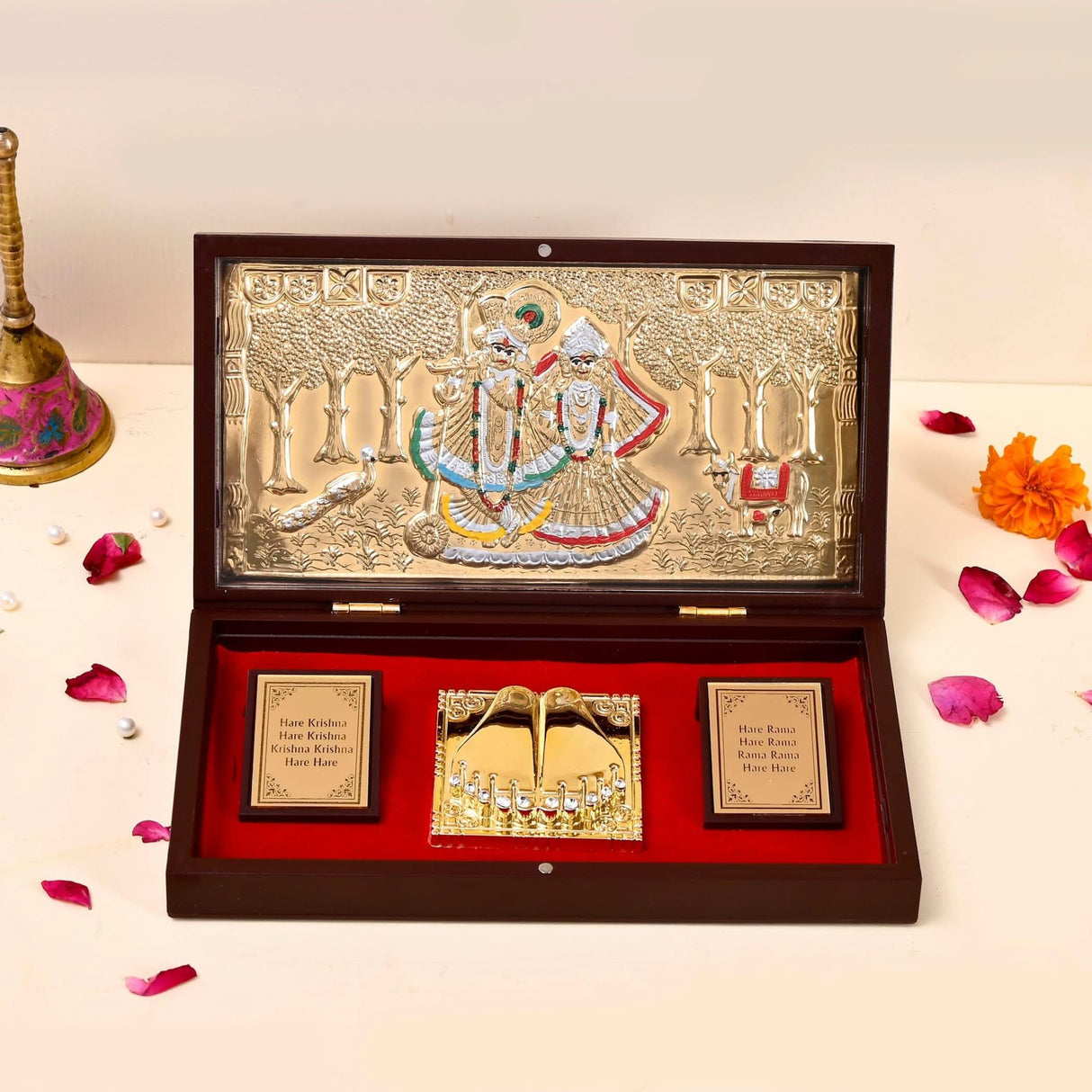 Large Gold Plated Radha Krishna Photo Frame with Charan Paduka for Diwali Housewarming Return Gift Worship Pooja Room Decor Hindu God Religious Devotional Paduka Prayer Box - LoveNspire