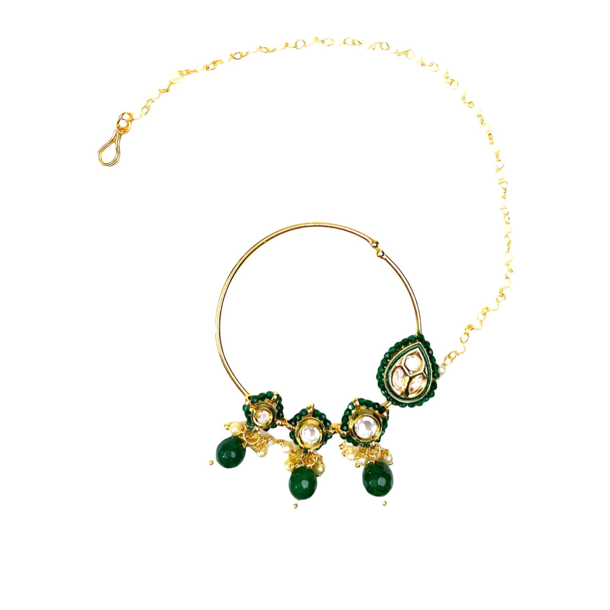 Kundan Crystal Nose Ring with Gold Plating Pearl Hair Chain - Indian Bridal Nath with Faux Pearl Chain Designer Bollywood Style Nose Stud for Women Non-Piercing Nose Accessory Gift for Her - LoveNspire