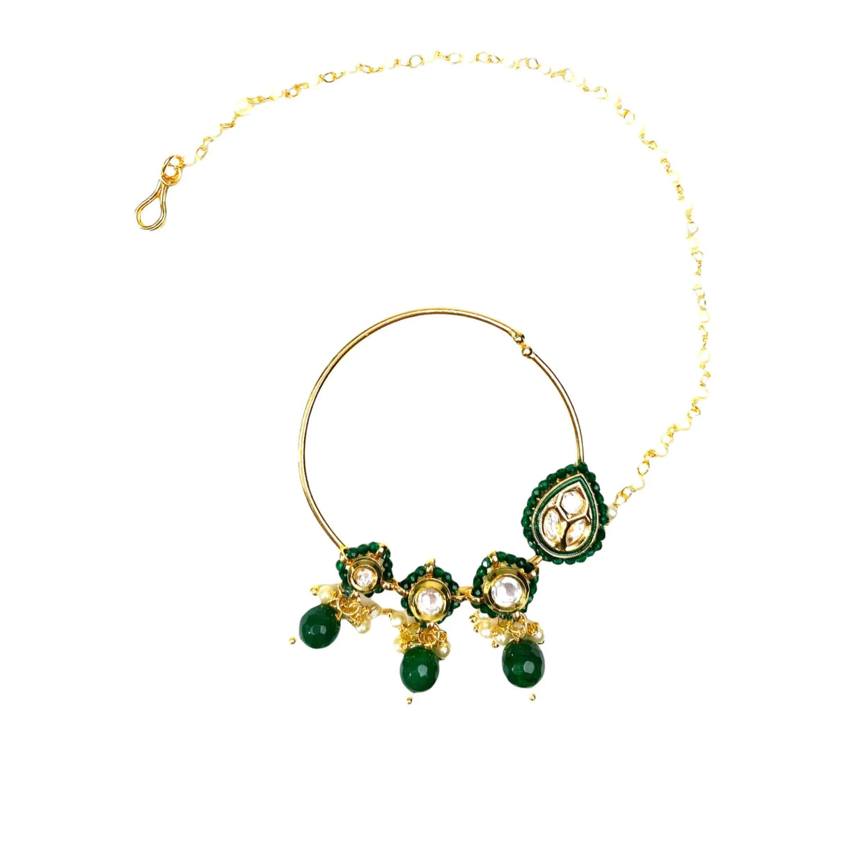 Kundan Crystal Nose Ring with Gold Plating Pearl Hair Chain - Indian Bridal Nath with Faux Pearl Chain Designer Bollywood Style Nose Stud for Women Non-Piercing Nose Accessory Gift for Her - LoveNspire