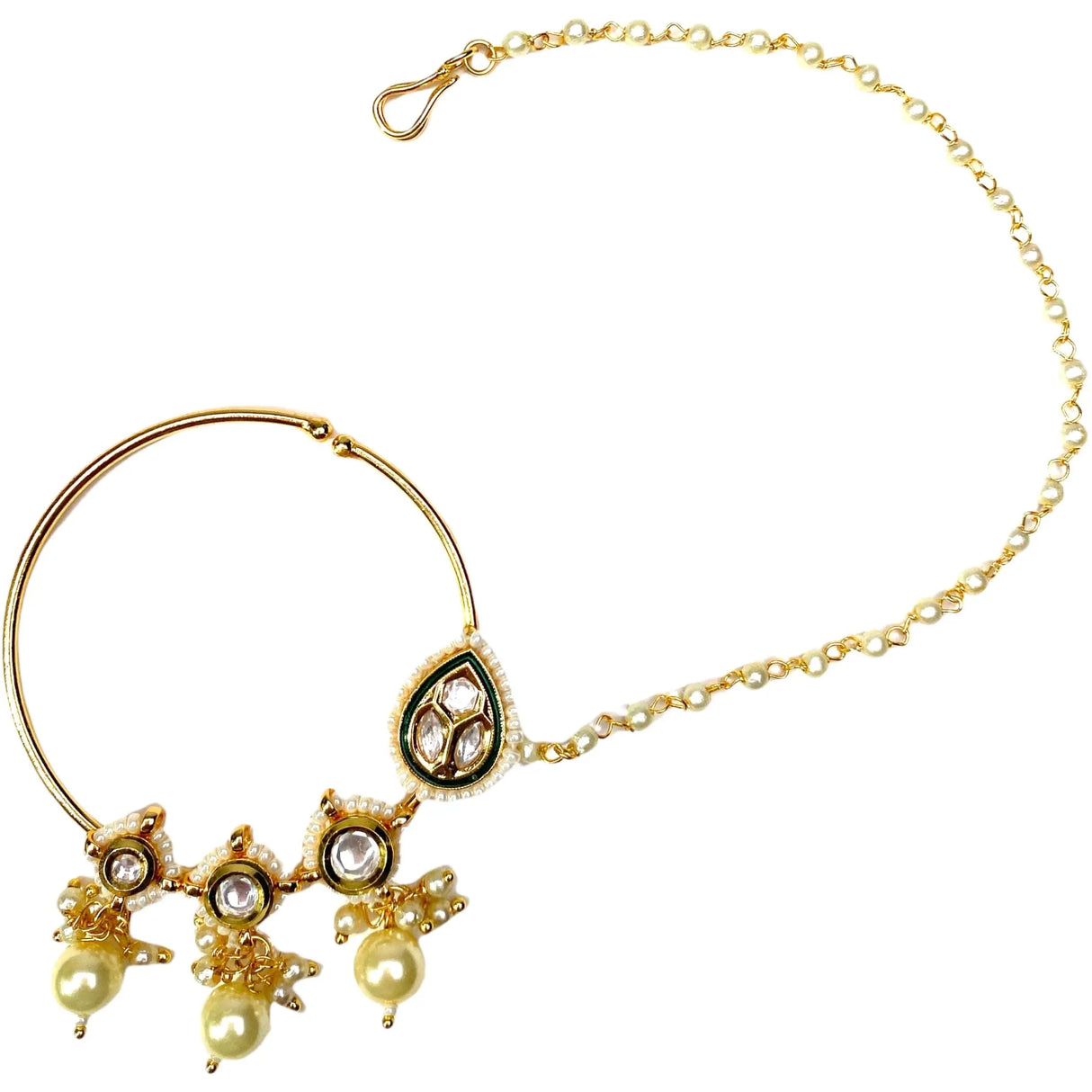 Kundan Crystal Nose Ring with Gold Plating Pearl Hair Chain - Indian Bridal Nath with Faux Pearl Chain Designer Bollywood Style Nose Stud for Women Non-Piercing Nose Accessory Gift for Her - LoveNspire