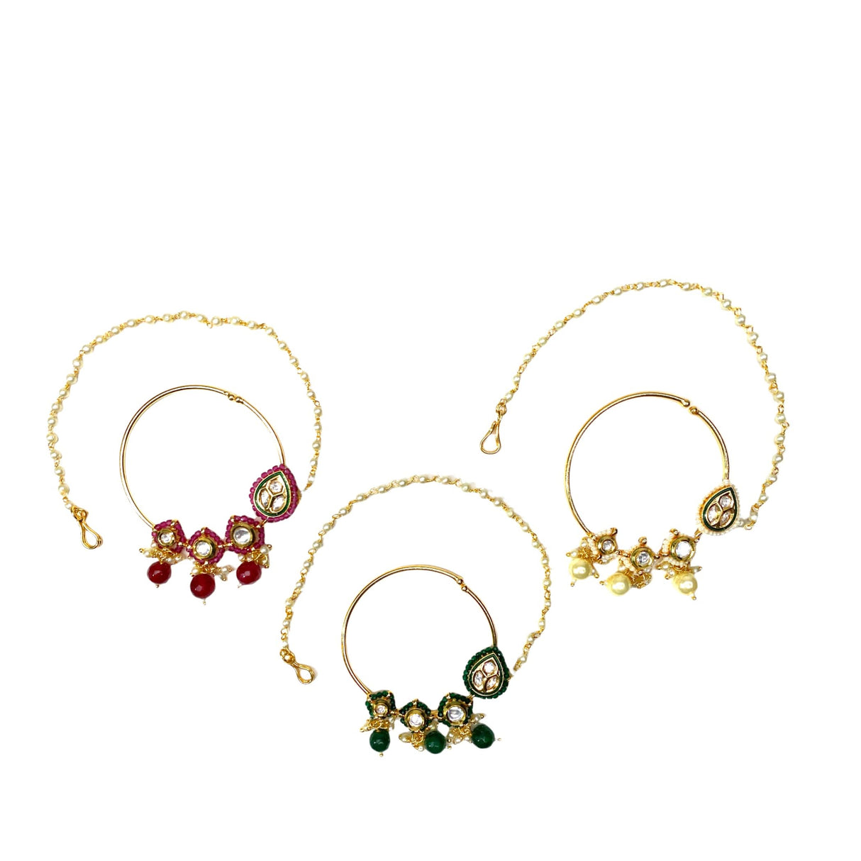 Kundan Crystal Nose Ring with Gold Plating Pearl Hair Chain - Indian Bridal Nath with Faux Pearl Chain Designer Bollywood Style Nose Stud for Women Non-Piercing Nose Accessory Gift for Her - LoveNspire