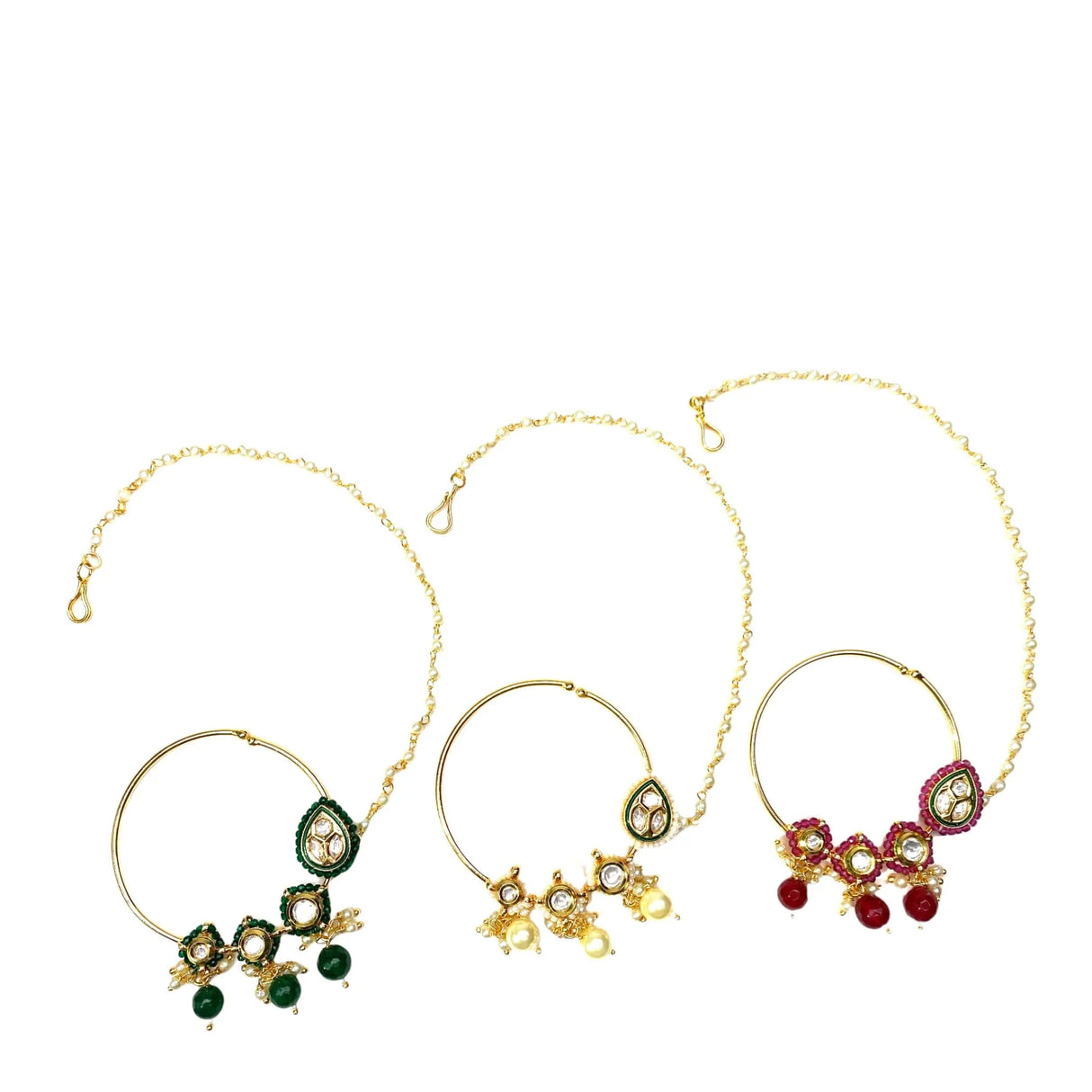 Kundan Crystal Nose Ring with Gold Plating Pearl Hair Chain - Indian Bridal Nath with Faux Pearl Chain Designer Bollywood Style Nose Stud for Women Non-Piercing Nose Accessory Gift for Her - LoveNspire