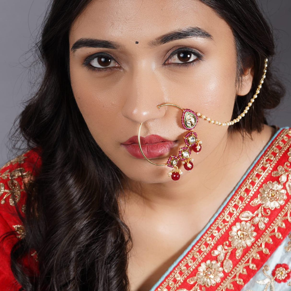 Kundan Crystal Nose Ring with Gold Plating Pearl Hair Chain - Indian Bridal Nath with Faux Pearl Chain Designer Bollywood Style Nose Stud for Women Non-Piercing Nose Accessory Gift for Her - LoveNspire