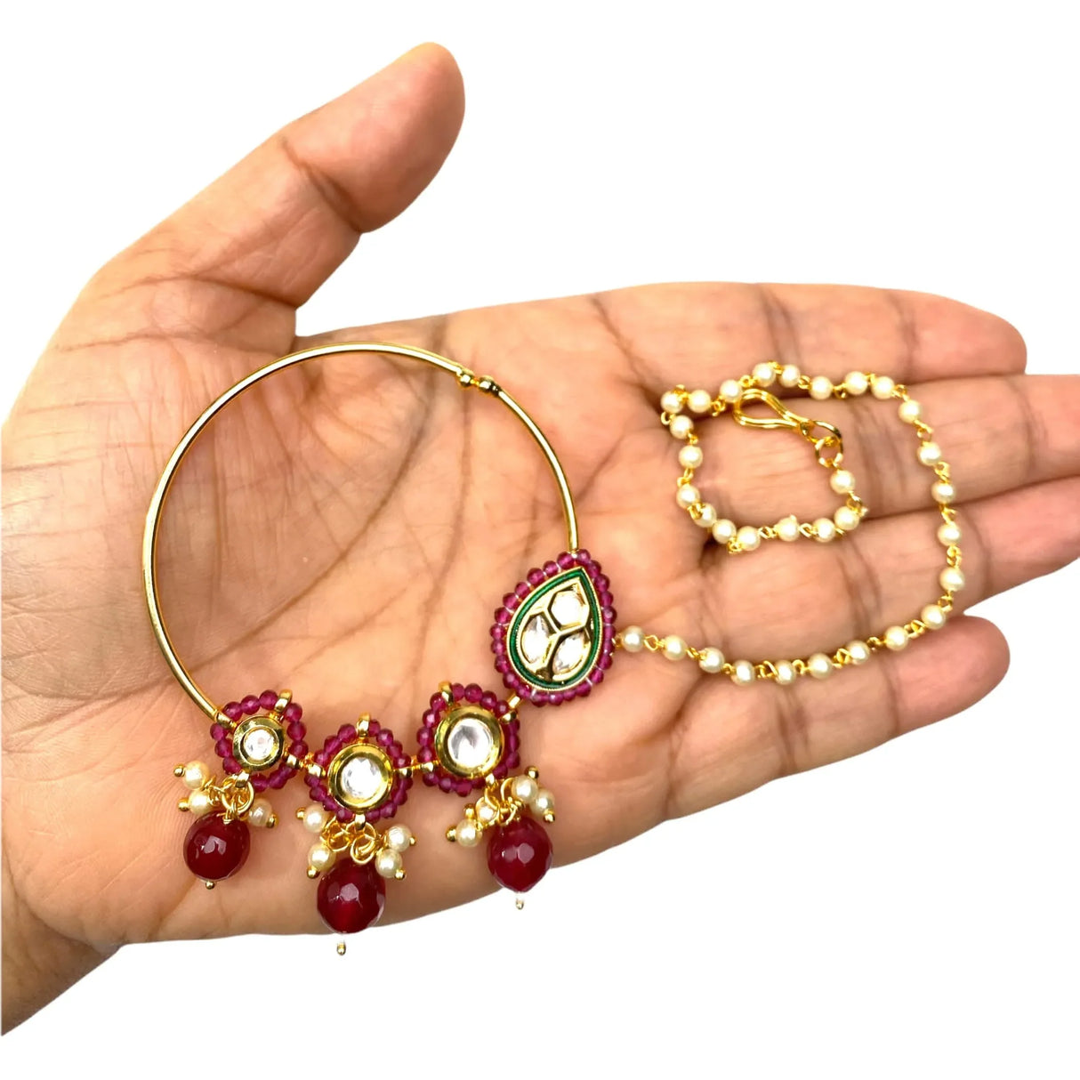 Kundan Crystal Nose Ring with Gold Plating Pearl Hair Chain - Indian Bridal Nath with Faux Pearl Chain Designer Bollywood Style Nose Stud for Women Non-Piercing Nose Accessory Gift for Her - LoveNspire