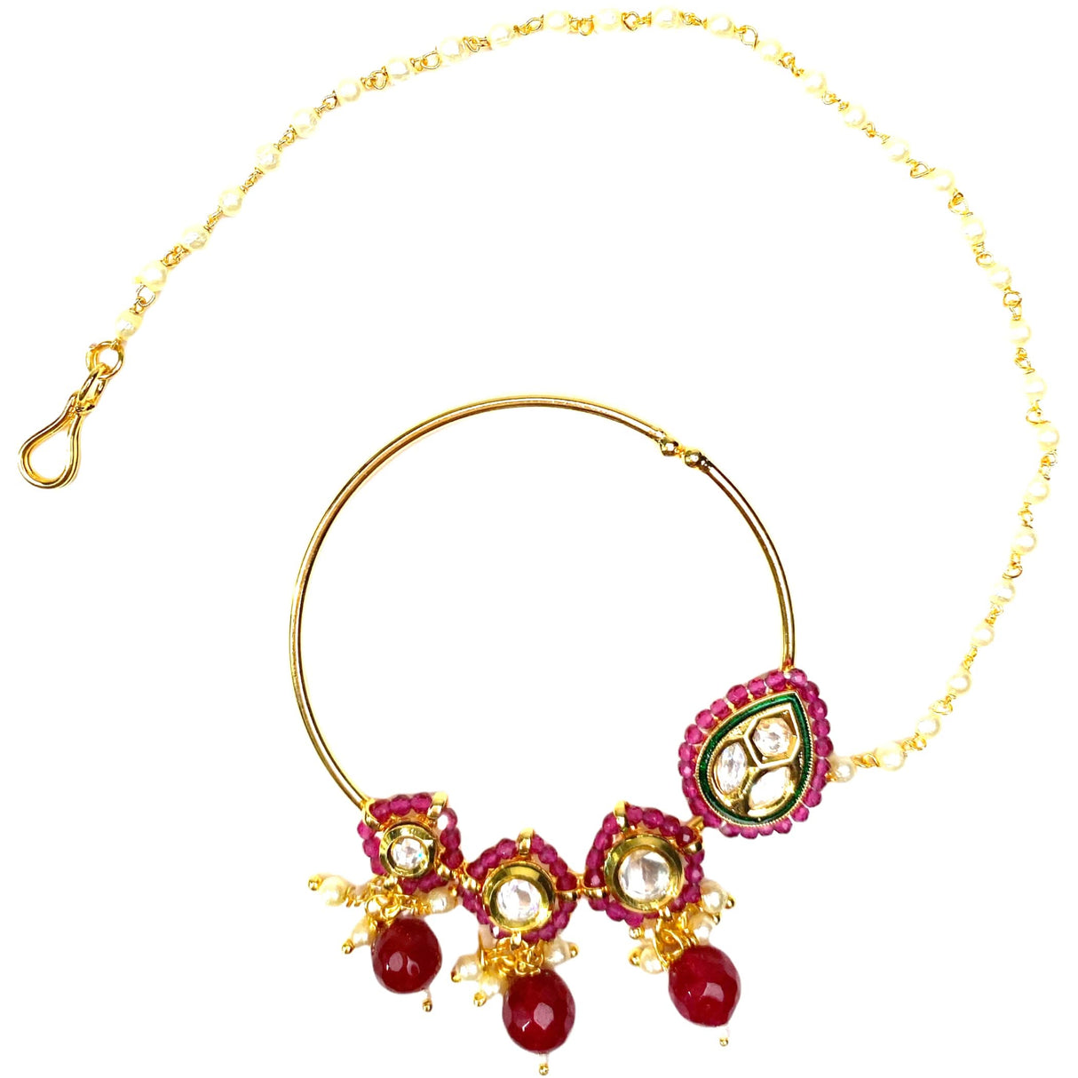 Kundan Crystal Nose Ring with Gold Plating Pearl Hair Chain - Indian Bridal Nath with Faux Pearl Chain Designer Bollywood Style Nose Stud for Women Non-Piercing Nose Accessory Gift for Her - LoveNspire