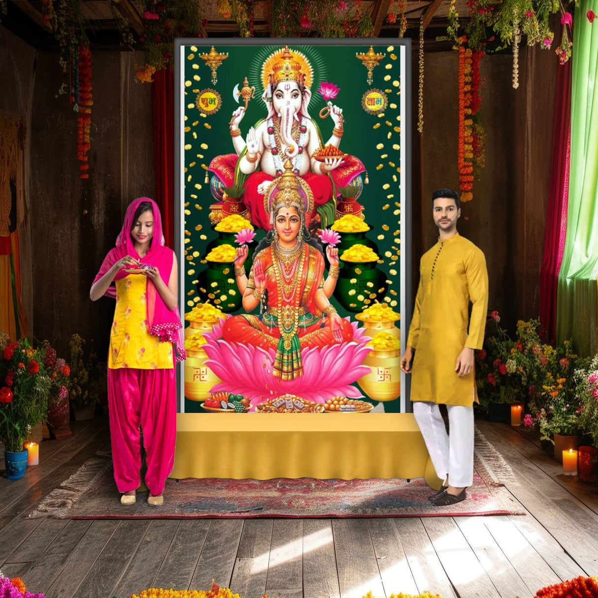 Laxmi Ganesh Backdrop 5x8 Feet Backdrop Indian Traditional Cloth Varalaxmi Vratam Decor Indian Diwali Decor Pooja Wall Decor Indian Wall Art Photo Decor Banner Navratri Decor - LoveNspire