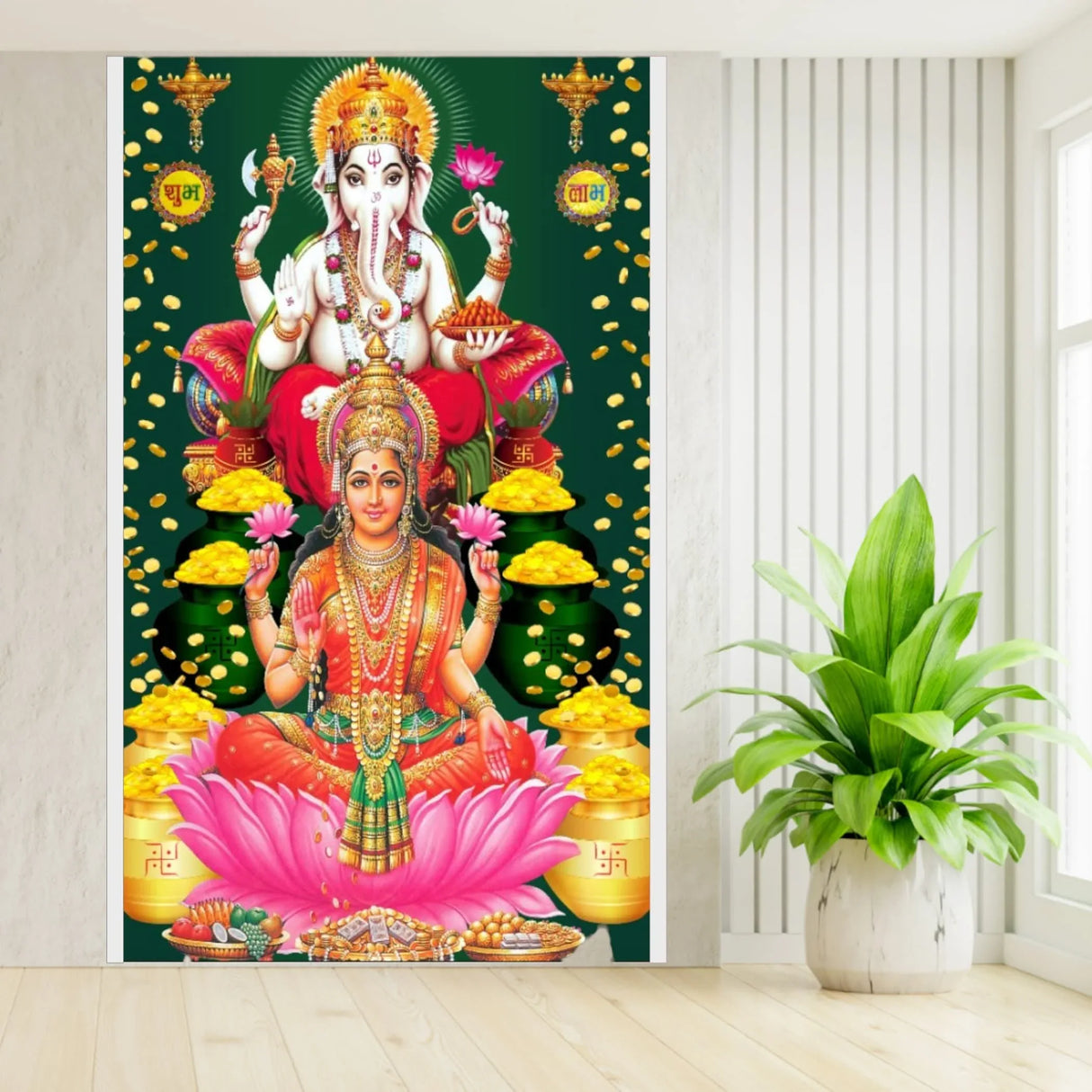 Laxmi Ganesh Backdrop 5x8 Feet Backdrop Indian Traditional Cloth Varalaxmi Vratam Decor Indian Diwali Decor Pooja Wall Decor Indian Wall Art Photo Decor Banner Navratri Decor - LoveNspire