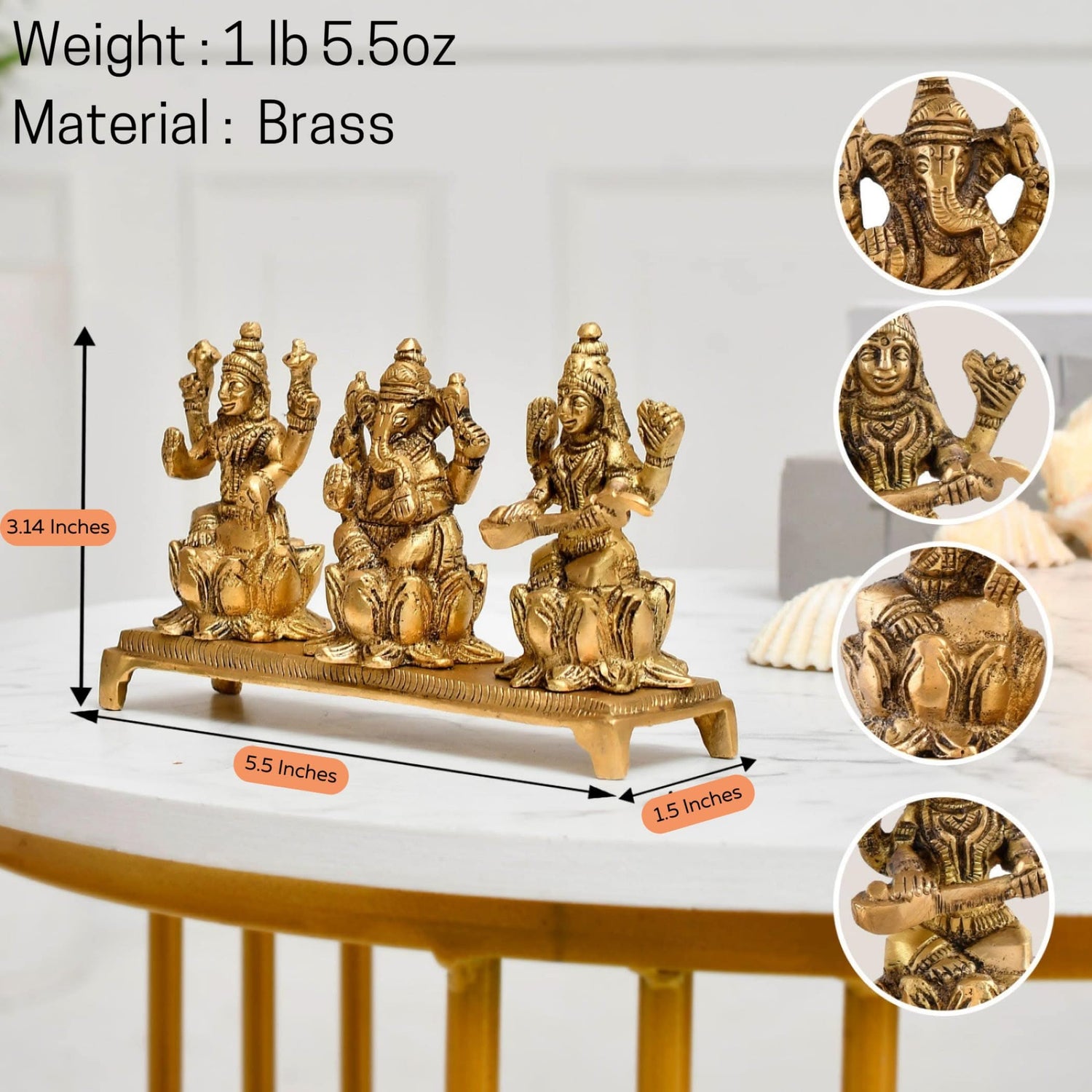 Laxmi Ganesh Saraswati Statue Brass Religious Figurine Hindu God Ganesha and Goddess Lakshmi Saraswati Idol Murti for Puja Room Home Temple Mandir Decor - Diwali Housewarming Gift (3 Inch) - LoveNspire