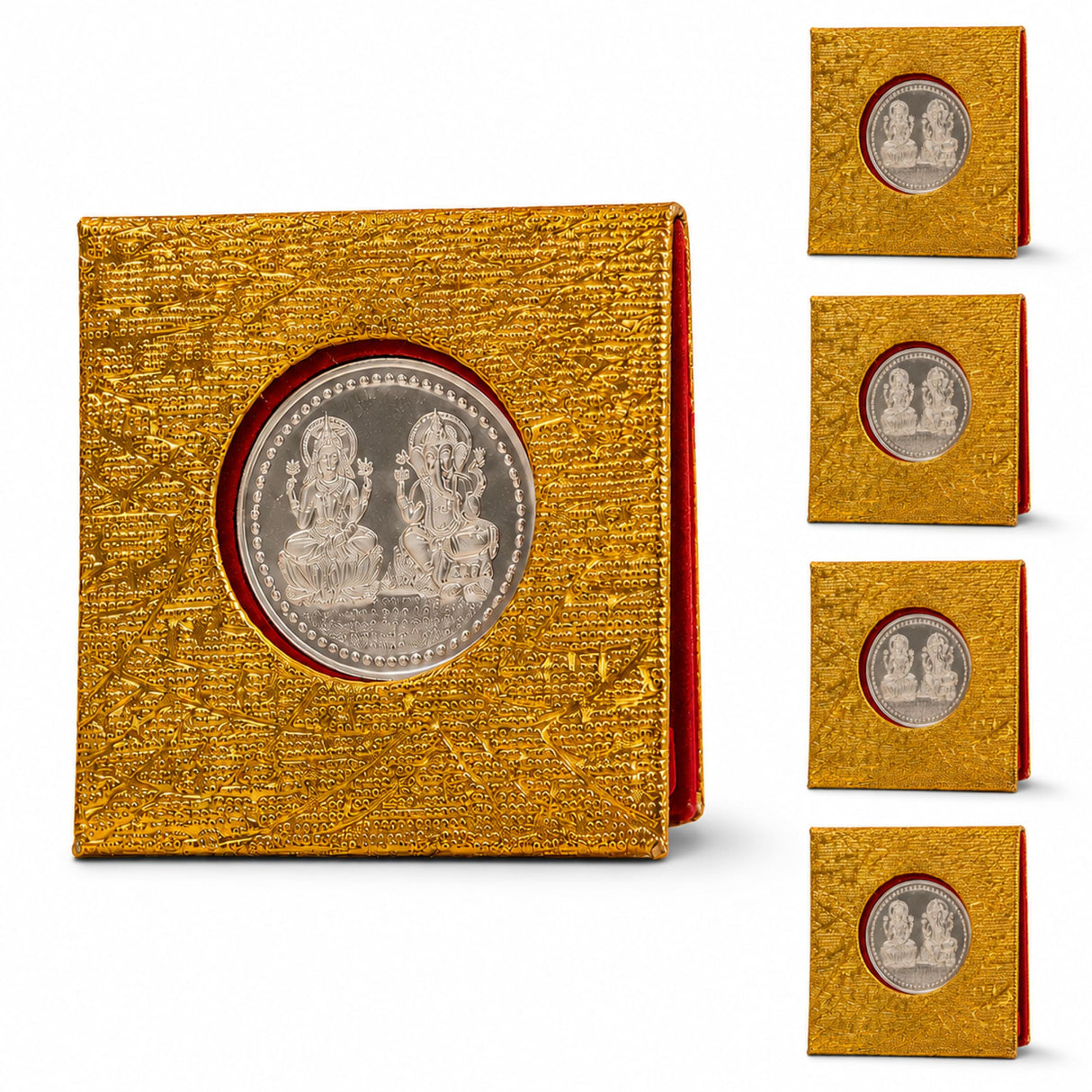 Golden textured coin display case holding a silver laxmi-narayan commemorative coin for diwali and pooja gifts