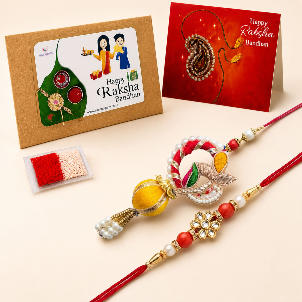 A vibrant red and gold elegant designer leaf lumba rakhi bracelet set adorned with pearls beads and intricate metalwork