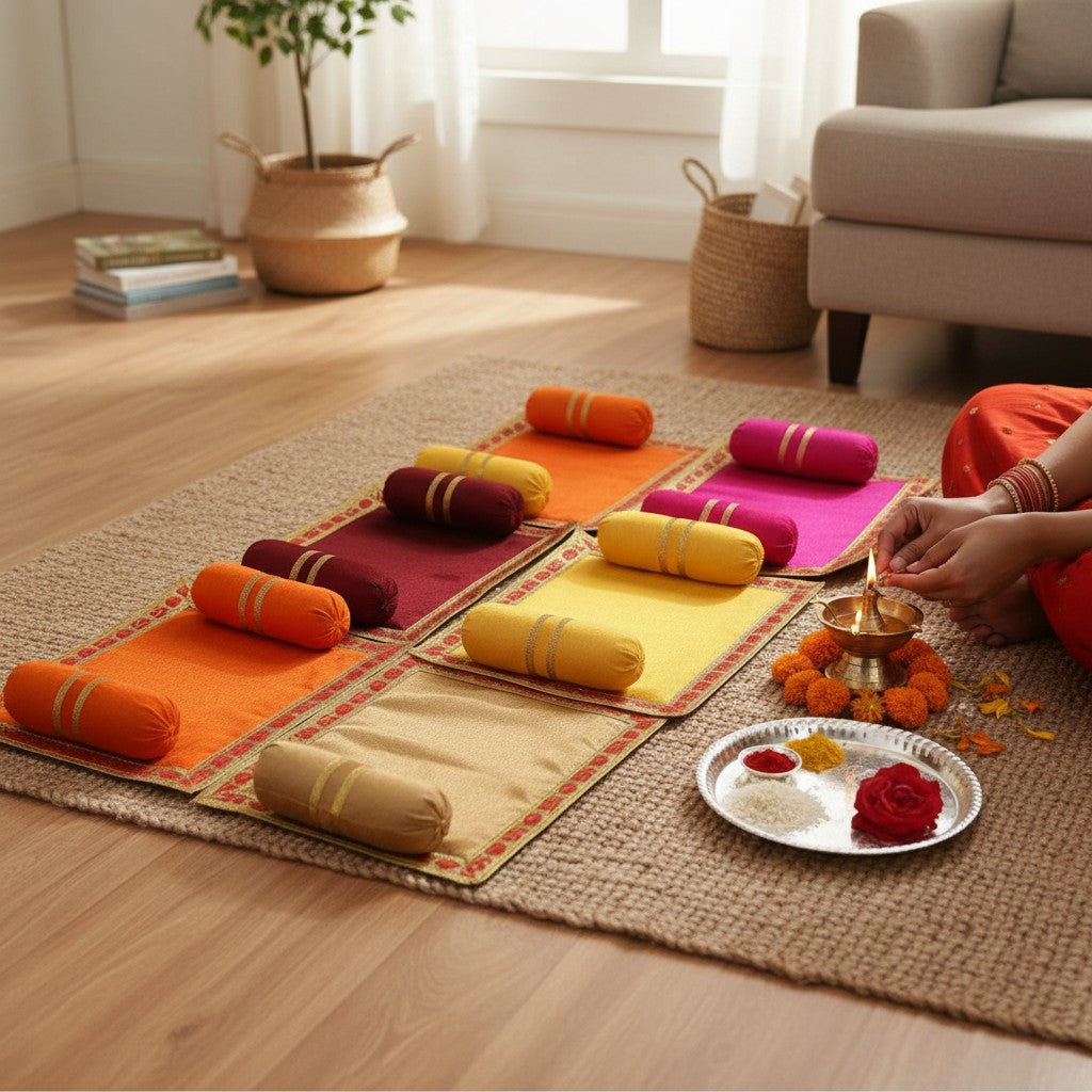 Pack of 2 Velvet Asan Takiya Pillow Set for Laddu Gopal, Krishna, Kanha Ji Ganesha God Goddess Idols – 9 x 6.5 Inch Soft Mattress Cushion Gadda Bed Cum Aasan for Pooja, Home Temple Decor