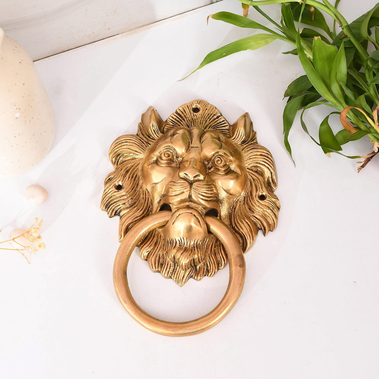 Lion Head Brass Door Knocker Authentic Vintage Unique Front Door Holder with Gold Finish Rare Solid Door Accessories for Home Decor Housewarming Gift - LoveNspire