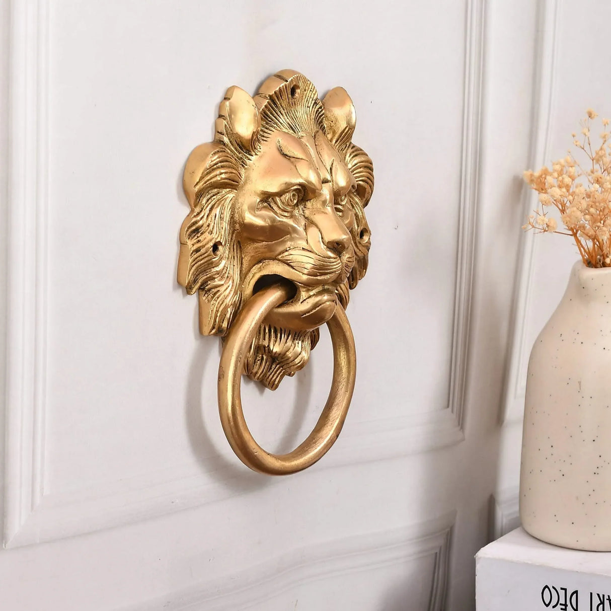 Lion Head Brass Door Knocker Authentic Vintage Unique Front Door Holder with Gold Finish Rare Solid Door Accessories for Home Decor Housewarming Gift - LoveNspire