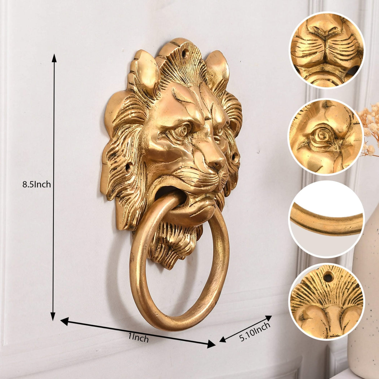 Lion Head Brass Door Knocker Authentic Vintage Unique Front Door Holder with Gold Finish Rare Solid Door Accessories for Home Decor Housewarming Gift - LoveNspire