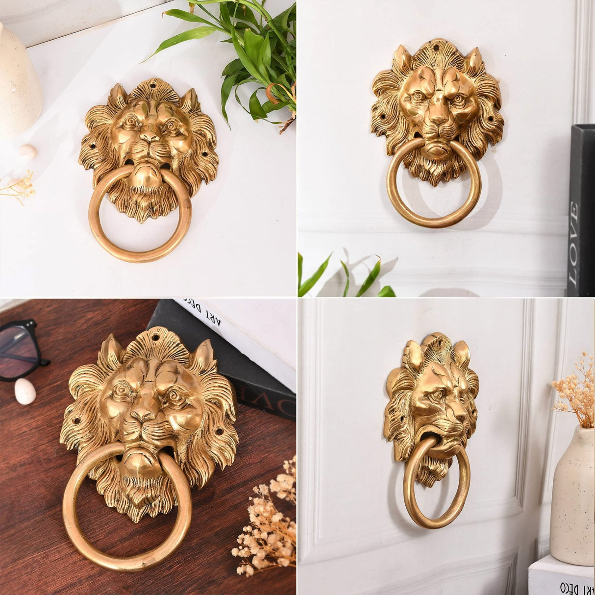 Lion Head Brass Door Knocker Authentic Vintage Unique Front Door Holder with Gold Finish Rare Solid Door Accessories for Home Decor Housewarming Gift - LoveNspire