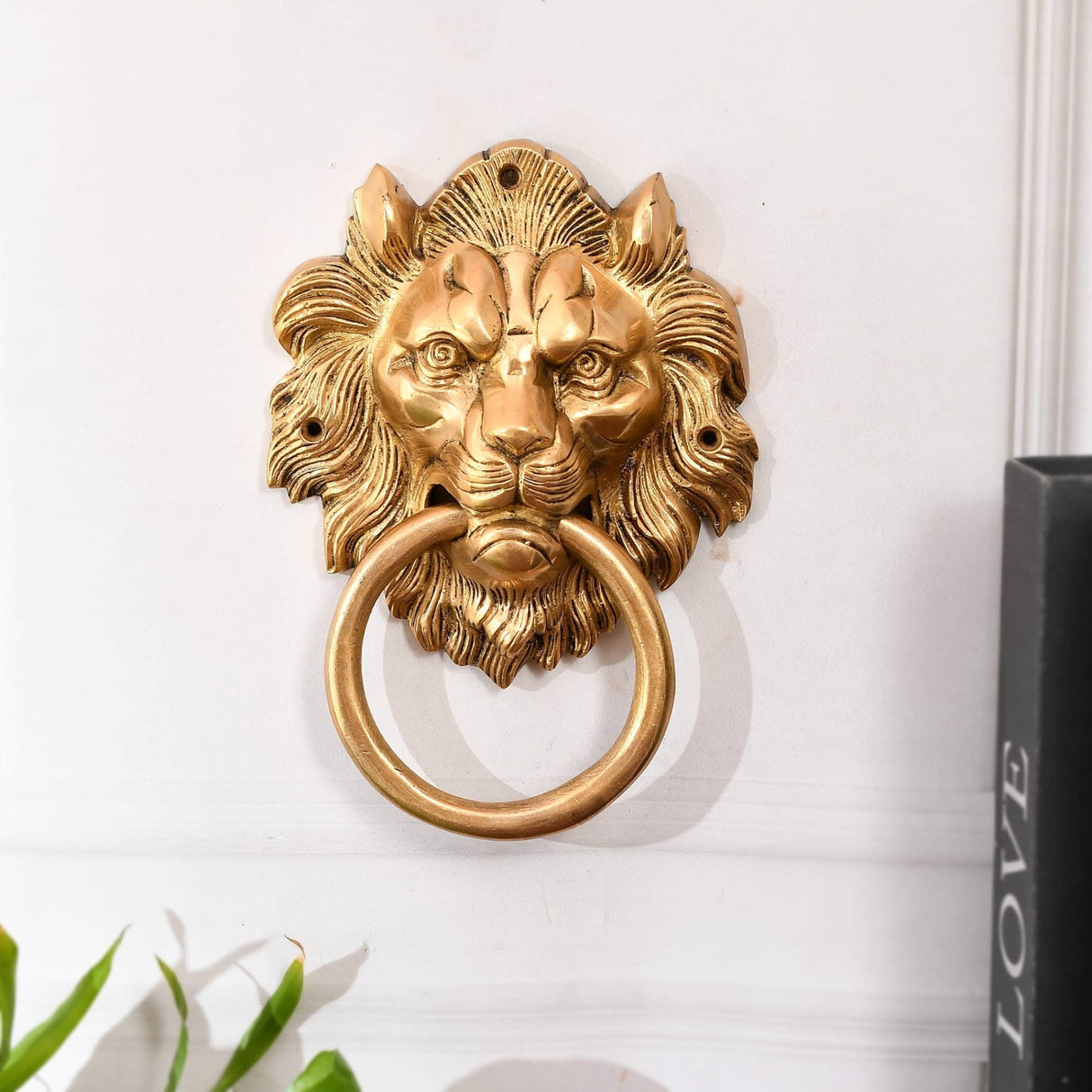 Lion Head Brass Door Knocker Authentic Vintage Unique Front Door Holder with Gold Finish Rare Solid Door Accessories for Home Decor Housewarming Gift - LoveNspire