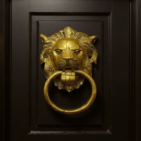 Lion Head Brass Door Knocker Authentic Vintage Unique Front Door Holder with Gold Finish Rare Solid Door Accessories for Home Decor Housewarming Gift - LoveNspire