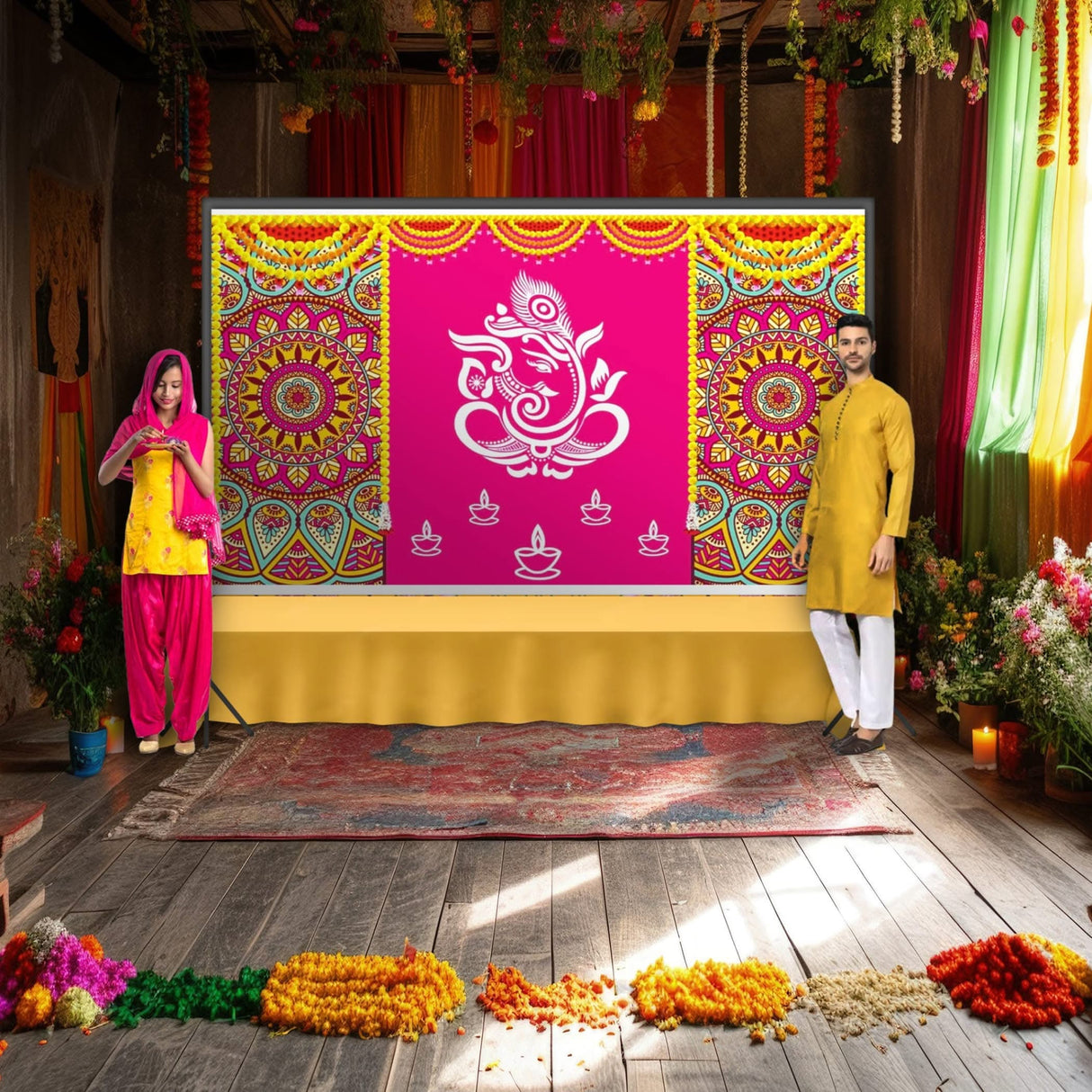 Lord Ganesh Backdrop 5x8 Feet Indian Traditional Cloth Backdrop Pooja Backdrop Indian Wall Art Photo Decor Banner Diwali Decor Wedding Backdrop Decorative Cloth Housewarming Gift - LoveNspire