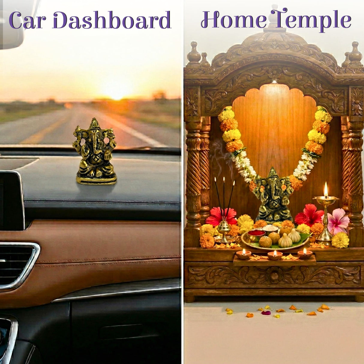 Golden brass Lord Ganesha car idol figurine with intricate details