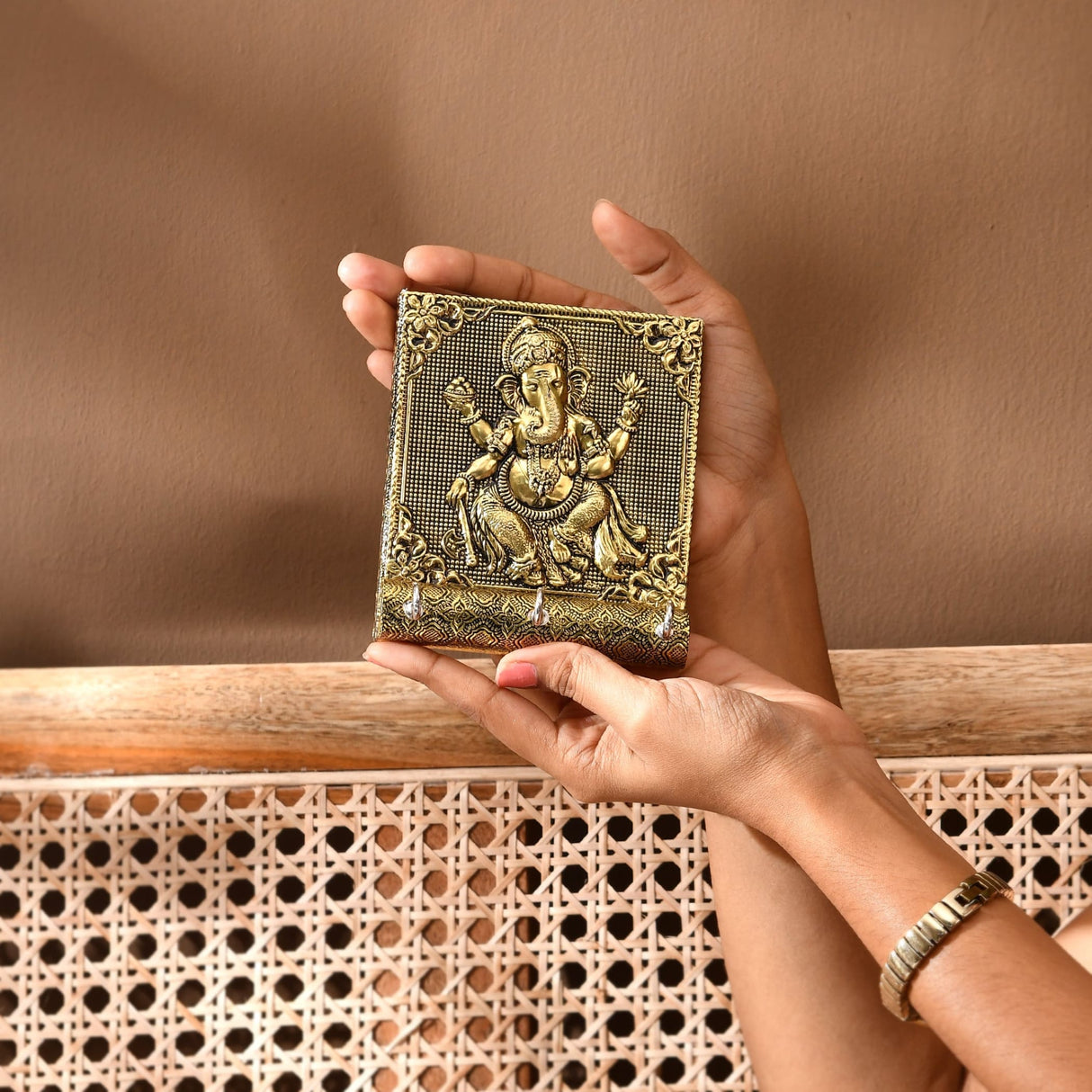 Golden Lord Ganesha brass key holder with 3 wall hooks