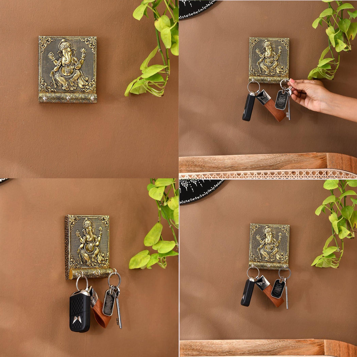 Lord Ganesha Key Holder Home Decor Key Hooks for Wall Hanging Hand Crafted Decorative Showpiece Key Organizer Office Entryway Hallway Living Room Wall Mounted with 3 Hooks Housewarming Gift - LoveNspire
