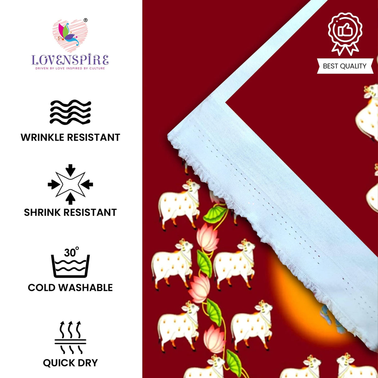 Lord Krishna Backdrop with Cow Indian Traditional Cloth Pooja Backdrop Indian Wall Art Photo Decor Banner Designer Wall Hangings Diwali Decor Wedding Housewarming Gift - LoveNspire