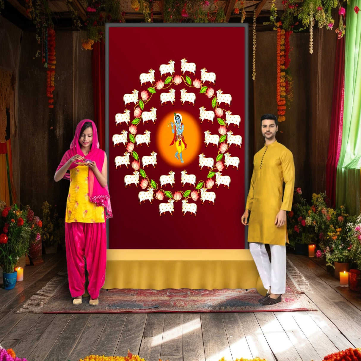 Lord Krishna Backdrop with Cow Indian Traditional Cloth Pooja Backdrop Indian Wall Art Photo Decor Banner Designer Wall Hangings Diwali Decor Wedding Housewarming Gift - LoveNspire