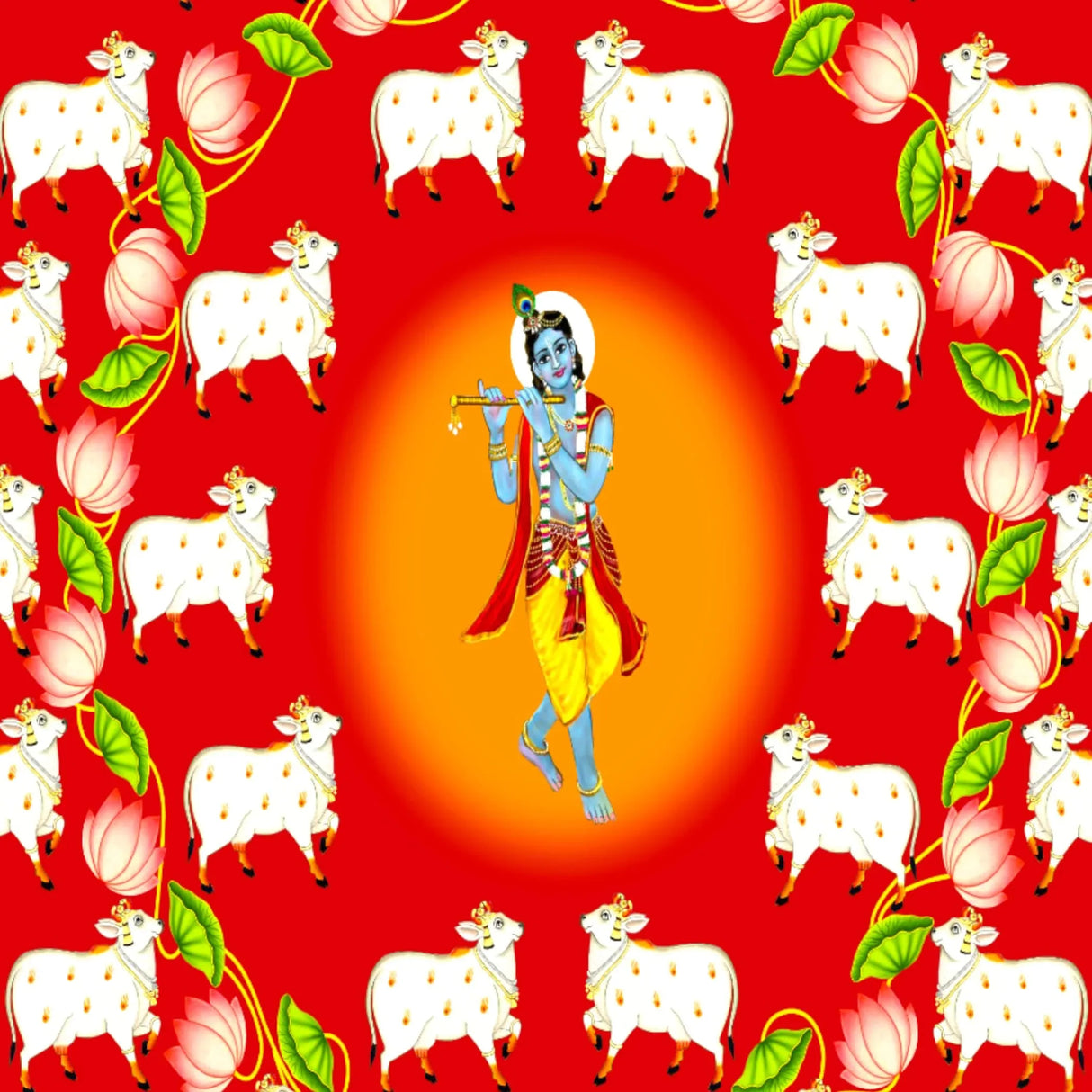 Lord Krishna Backdrop with Cow Indian Traditional Cloth Pooja Backdrop Indian Wall Art Photo Decor Banner Designer Wall Hangings Diwali Decor Wedding Housewarming Gift - LoveNspire