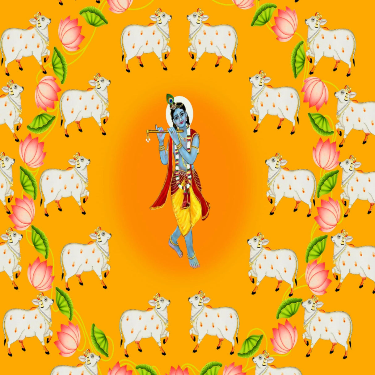 Lord Krishna Backdrop with Cow Indian Traditional Cloth Pooja Backdrop Indian Wall Art Photo Decor Banner Designer Wall Hangings Diwali Decor Wedding Housewarming Gift - LoveNspire