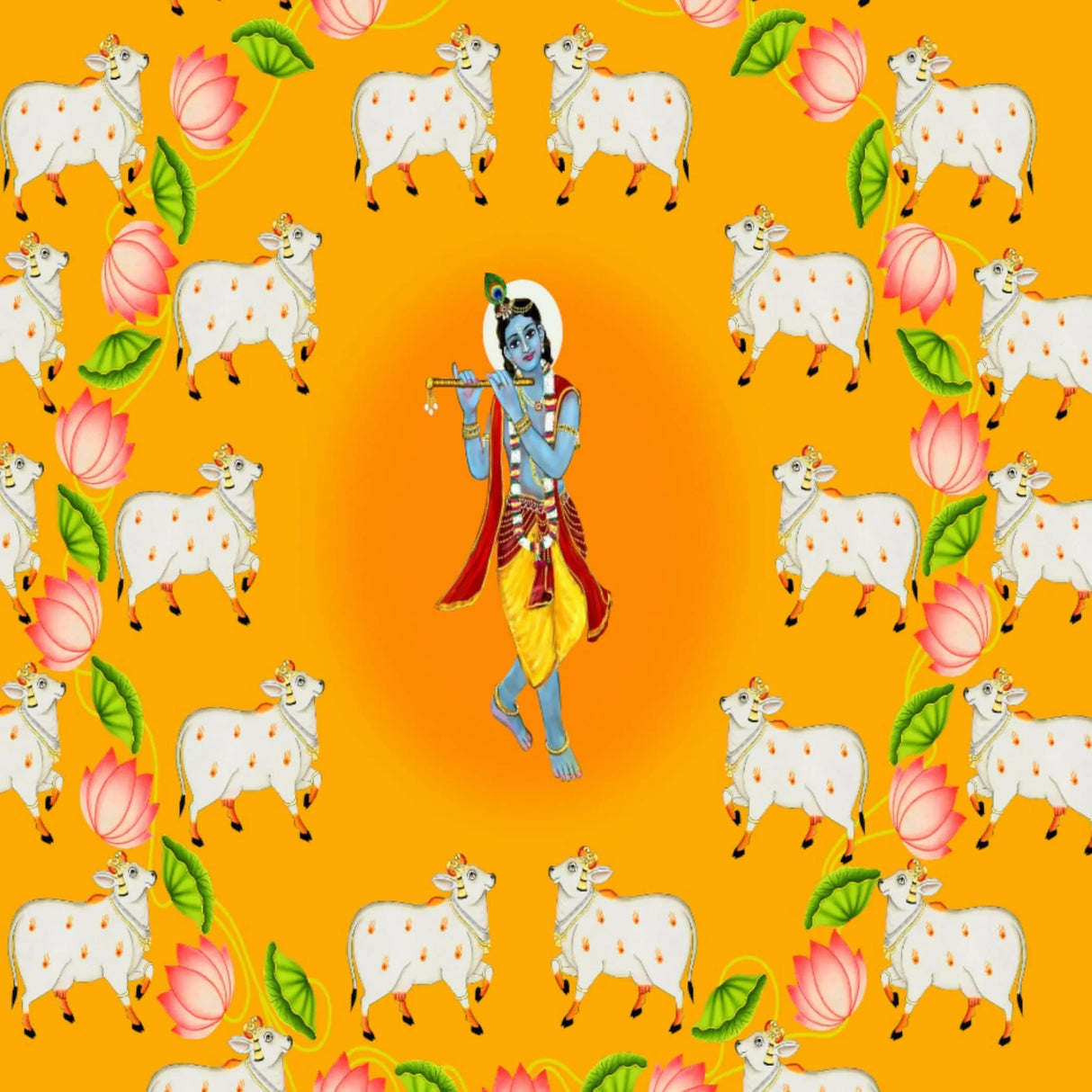 Lord Krishna Backdrop with Cow Indian Traditional Cloth Pooja Backdrop Indian Wall Art Photo Decor Banner Designer Wall Hangings Diwali Decor Wedding Housewarming Gift - LoveNspire