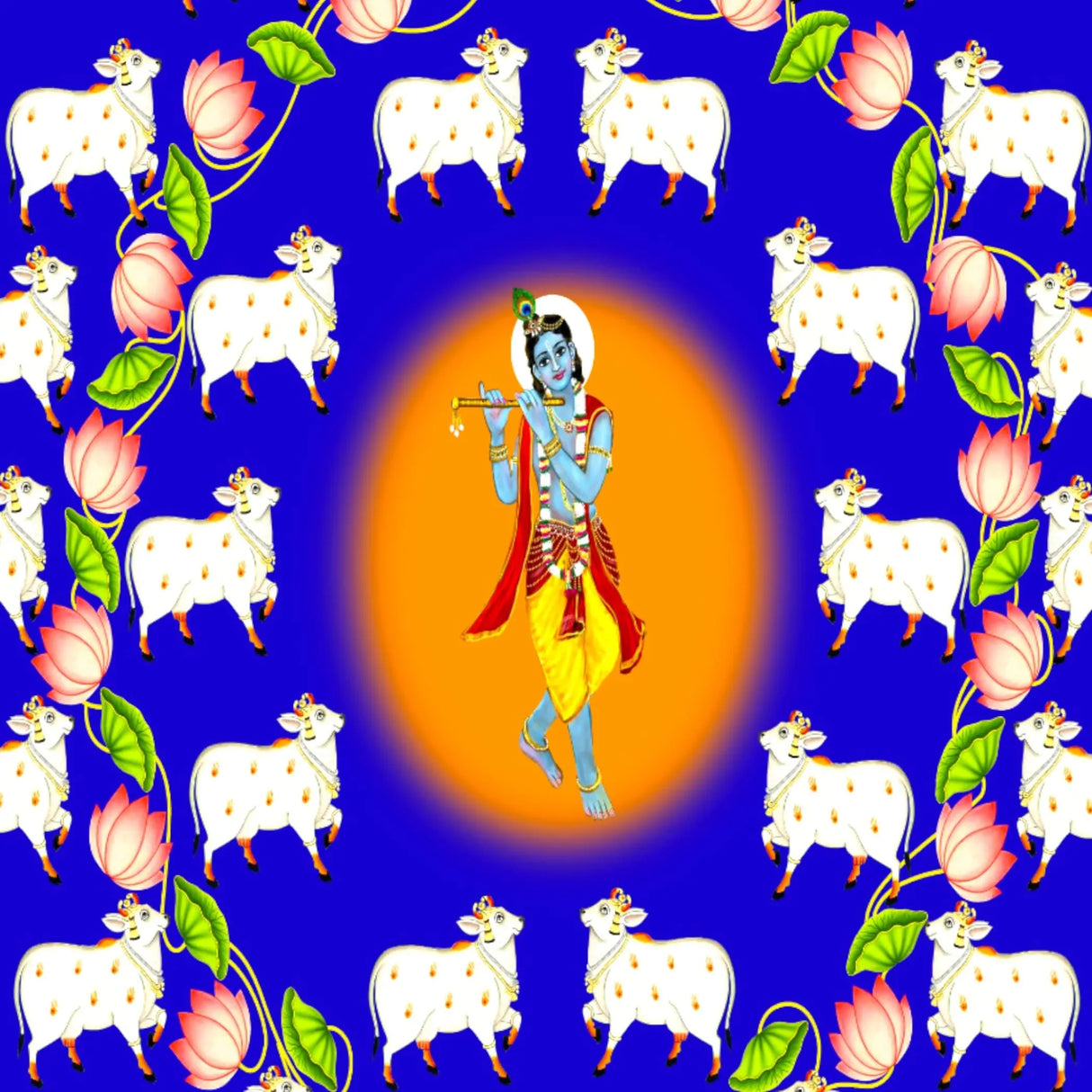 Lord Krishna Backdrop with Cow Indian Traditional Cloth Pooja Backdrop Indian Wall Art Photo Decor Banner Designer Wall Hangings Diwali Decor Wedding Housewarming Gift - LoveNspire