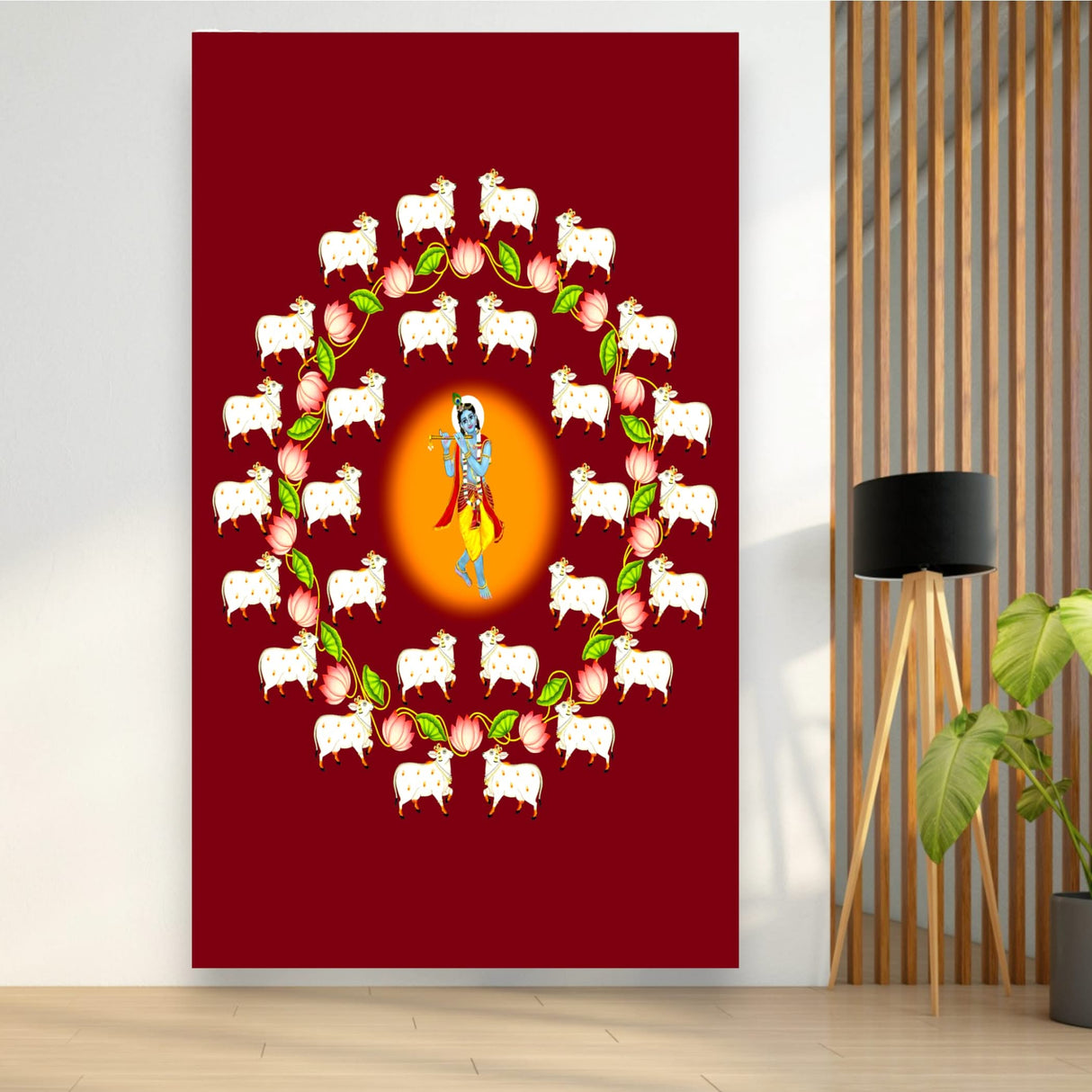 Lord Krishna Backdrop with Cow Indian Traditional Cloth Pooja Backdrop Indian Wall Art Photo Decor Banner Designer Wall Hangings Diwali Decor Wedding Housewarming Gift - LoveNspire