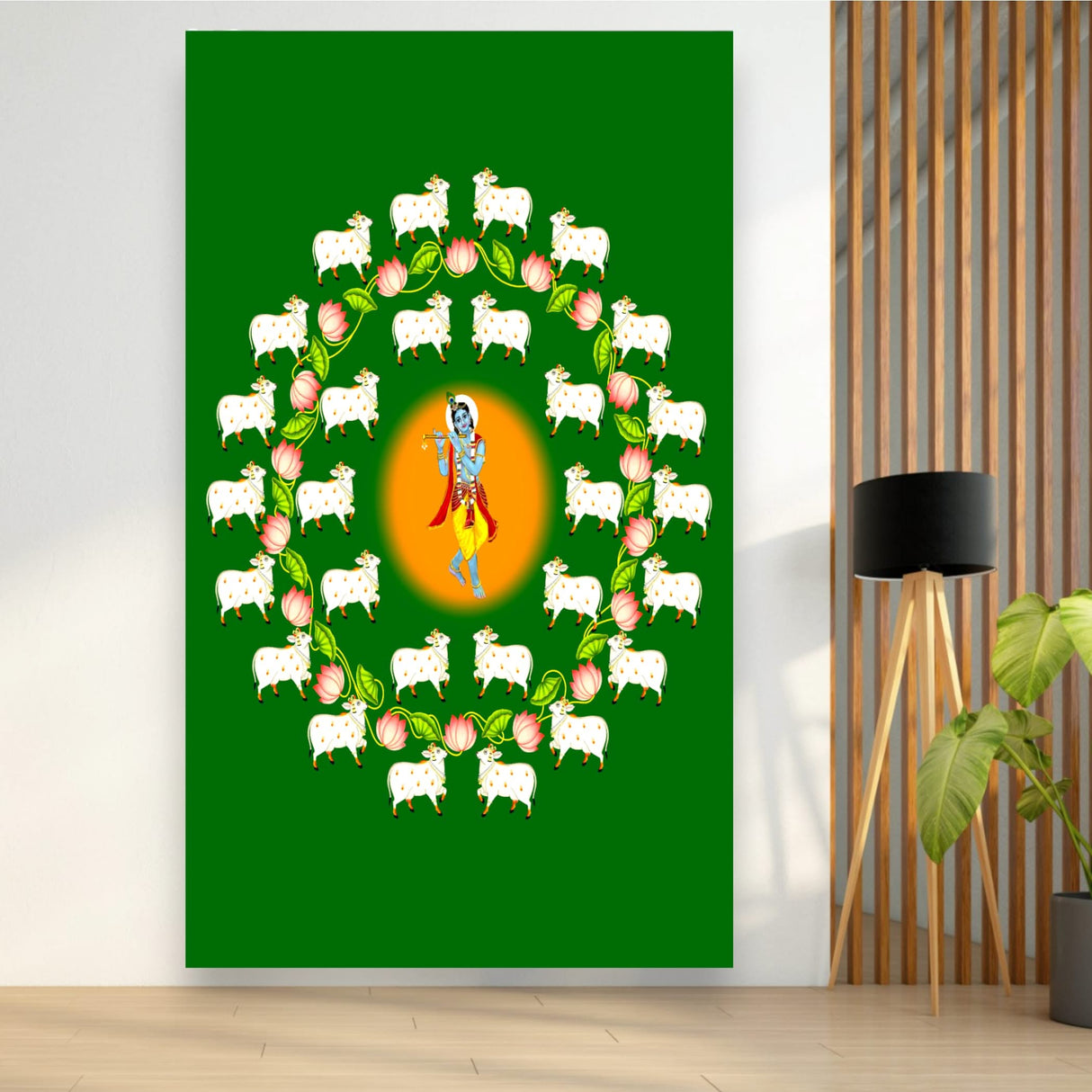 Lord Krishna Backdrop with Cow Indian Traditional Cloth Pooja Backdrop Indian Wall Art Photo Decor Banner Designer Wall Hangings Diwali Decor Wedding Housewarming Gift - LoveNspire