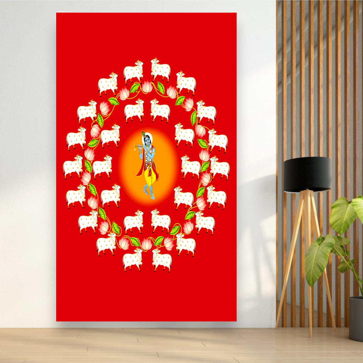 Lord Krishna Backdrop with Cow Indian Traditional Cloth Pooja Backdrop Indian Wall Art Photo Decor Banner Designer Wall Hangings Diwali Decor Wedding Housewarming Gift - LoveNspire