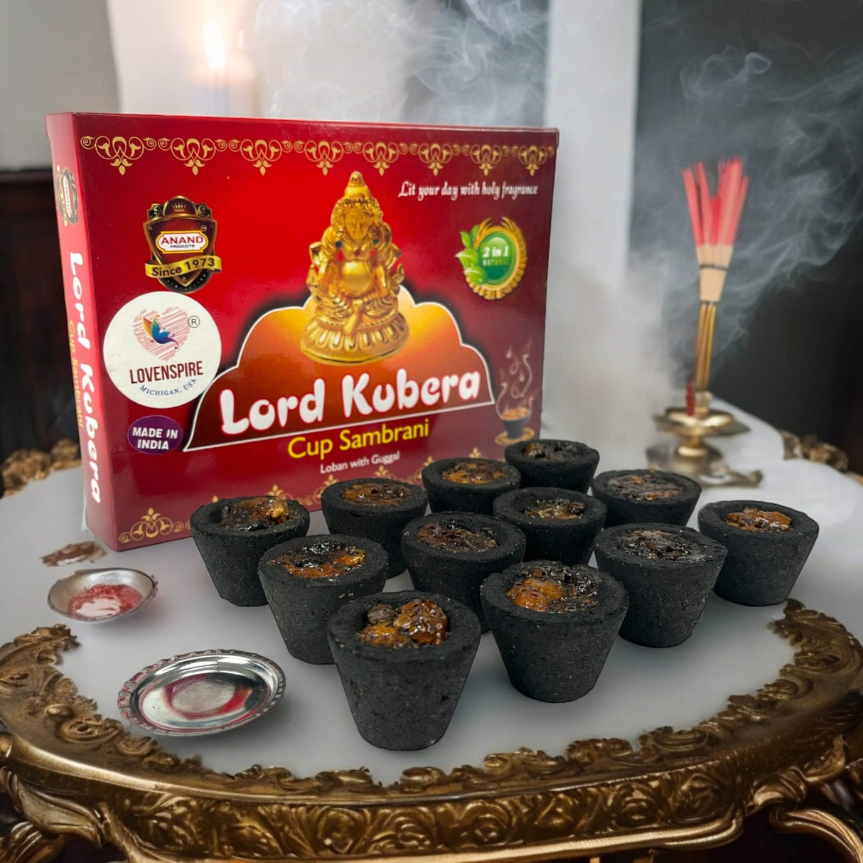 Sambrani Dhoop Cup with Burner Plate Guggal Loban Incense Black Long Lasting Aroma for Prayer Puja Meditation Spiritual Events Dhoopam for Havan Rituals - Natural Fragrance (12 Cups) - LoveNspire