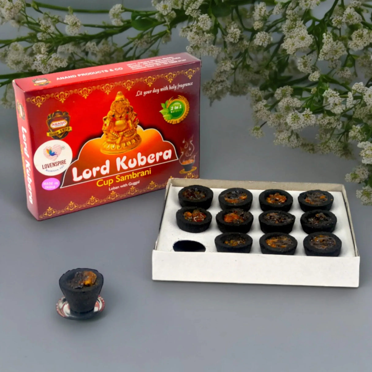 Sambrani Dhoop Cup with Burner Plate Guggal Loban Incense Black Long Lasting Aroma for Prayer Puja Meditation Spiritual Events Dhoopam for Havan Rituals - Natural Fragrance (12 Cups) - LoveNspire