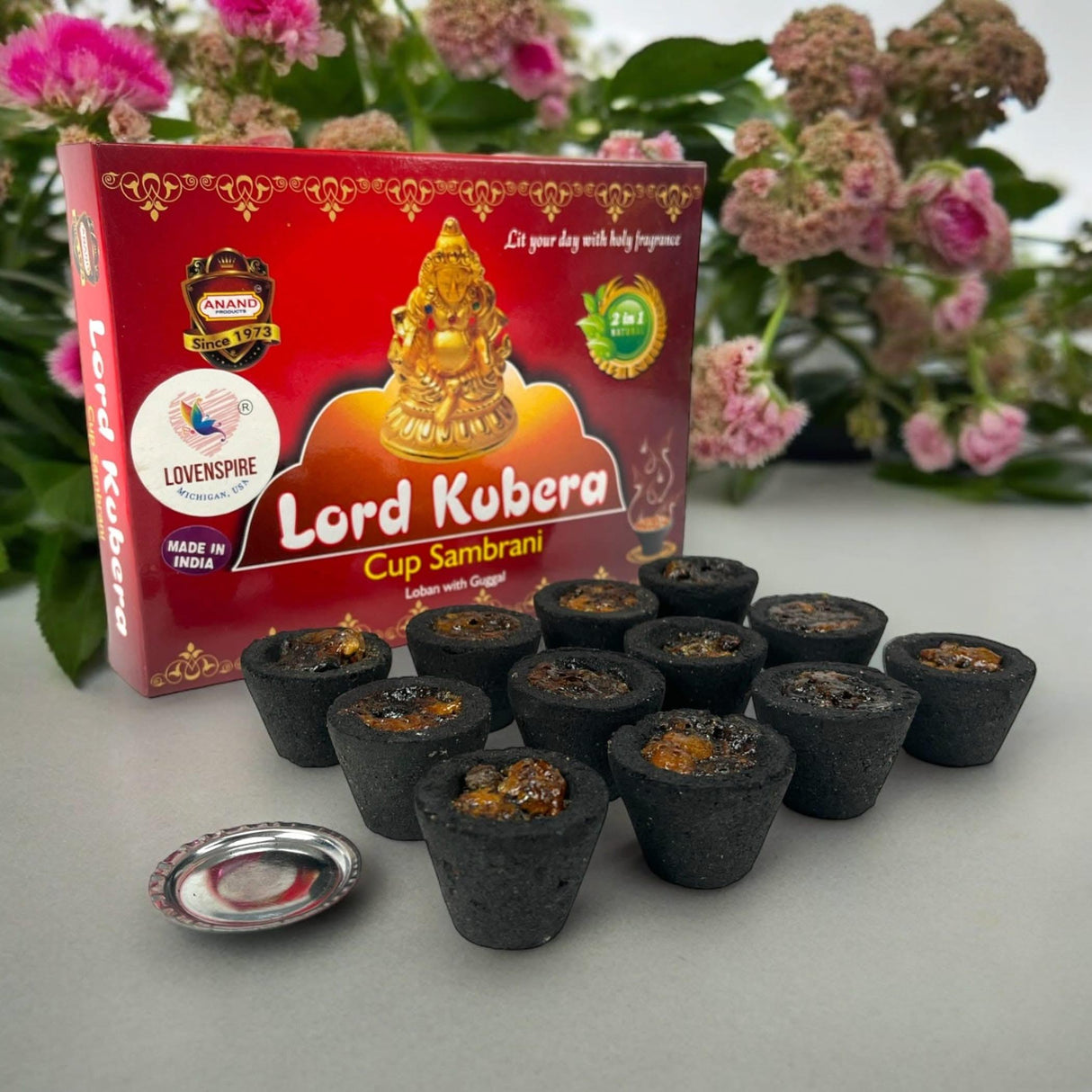 Sambrani Dhoop Cup with Burner Plate Guggal Loban Incense Black Long Lasting Aroma for Prayer Puja Meditation Spiritual Events Dhoopam for Havan Rituals - Natural Fragrance (12 Cups) - LoveNspire