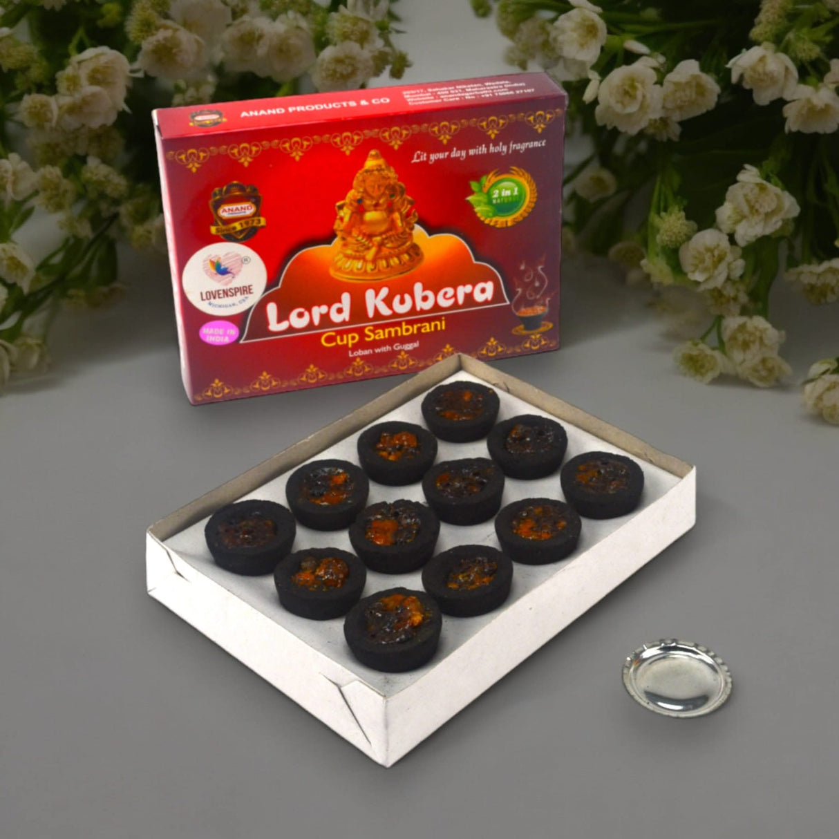 Sambrani Dhoop Cup with Burner Plate Guggal Loban Incense Black Long Lasting Aroma for Prayer Puja Meditation Spiritual Events Dhoopam for Havan Rituals - Natural Fragrance (12 Cups) - LoveNspire