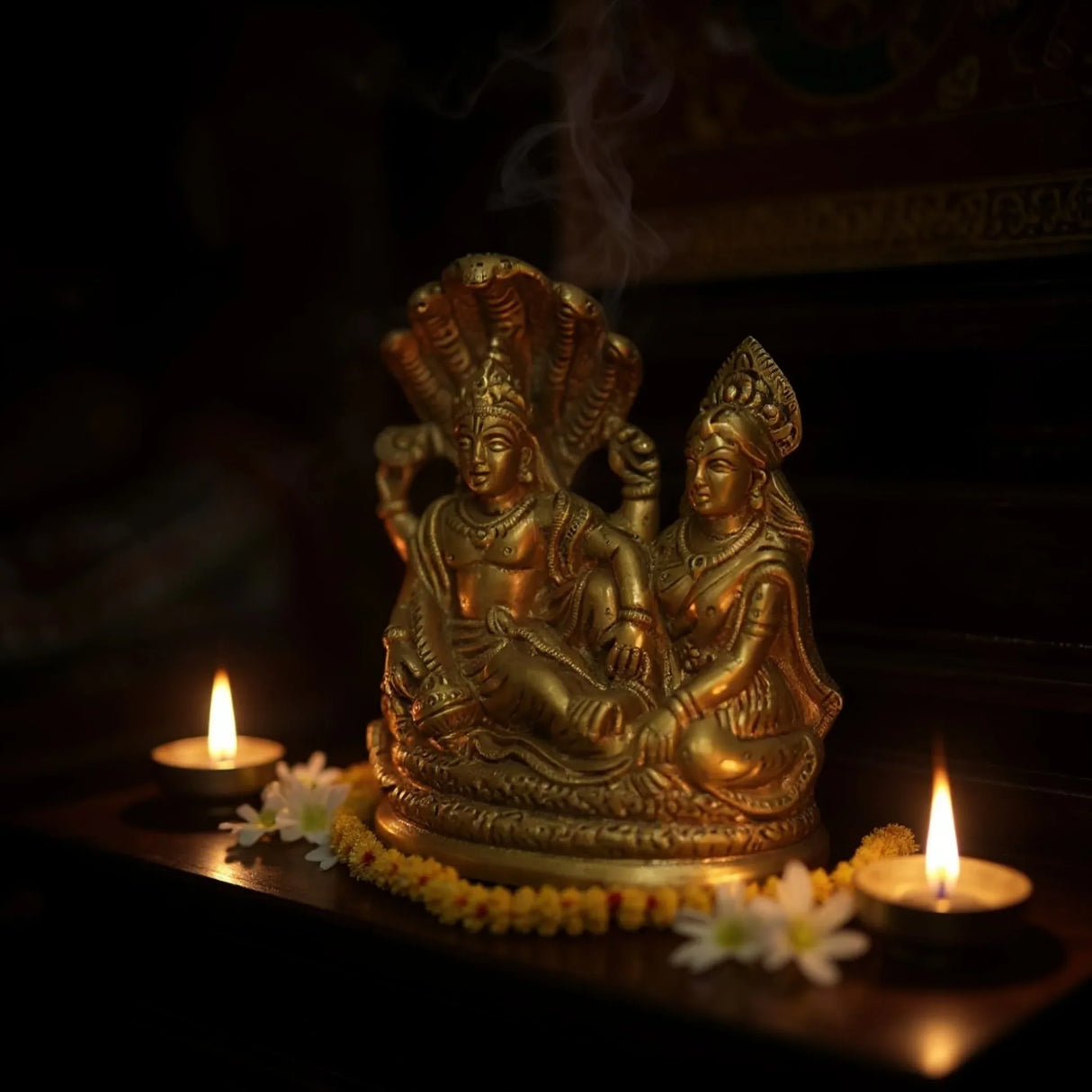 Lord Vishnu and Lakshmi Ji Brass Statue Rest Upon Shesha Naag Hindu God Goddess Religious Idol Figurines for Mandir Pooja Home Temple Diwali Puja - Housewarming Gift - LoveNspire