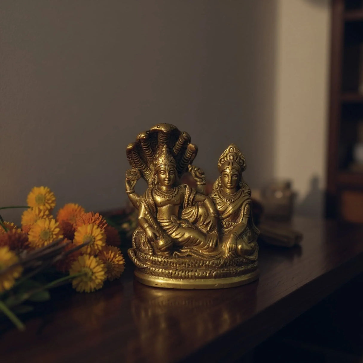 Lord Vishnu and Lakshmi Ji Brass Statue Rest Upon Shesha Naag Hindu God Goddess Religious Idol Figurines for Mandir Pooja Home Temple Diwali Puja - Housewarming Gift - LoveNspire