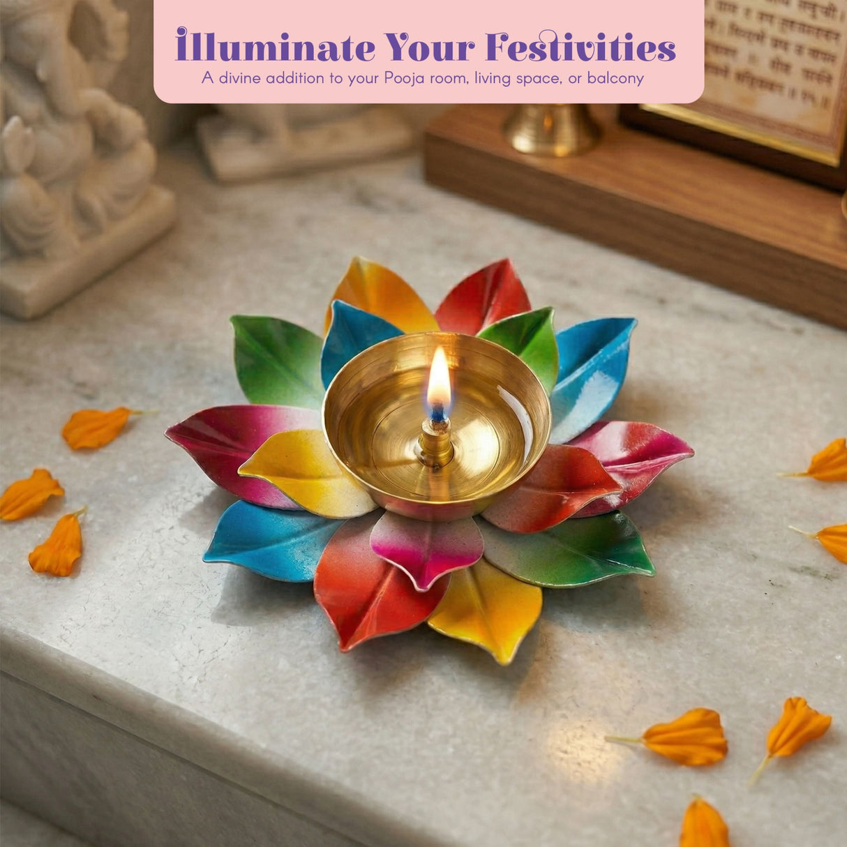 Vibrant multicolored brass lotus diya with golden center and lit wick for indian traditional pooja and diwali decor