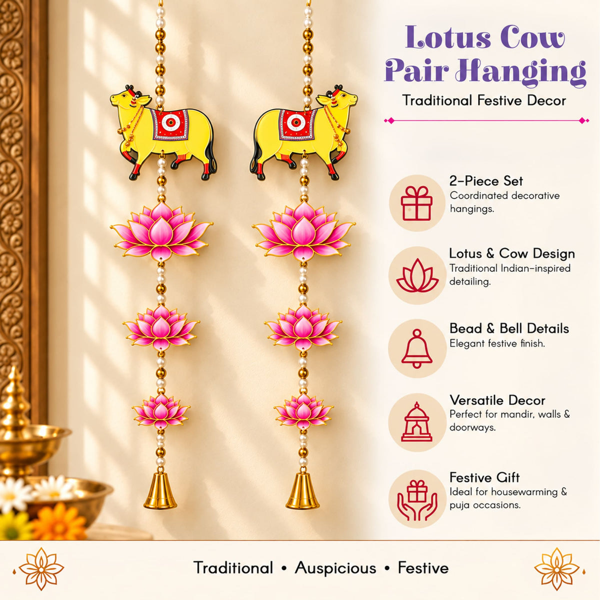 Yellow cow-shaped wall hangings with red and gold detailing suspended by pearl beads above pink lotus flowers and golden bells for traditional Indian festival decor