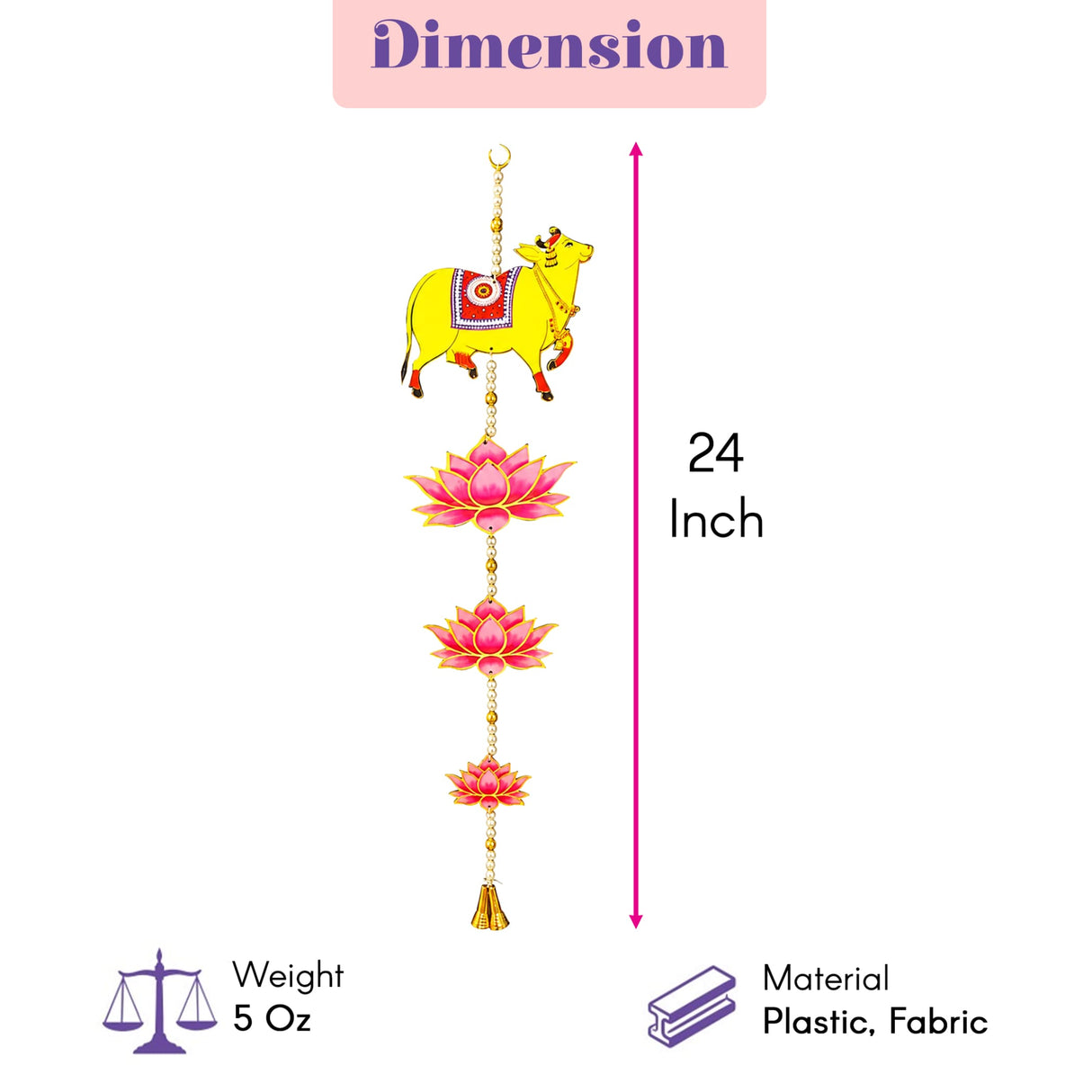 A 24-inch decorative hanging wind chime with a yellow cow, pink lotus flowers, and a golden bell for Indian festival decor