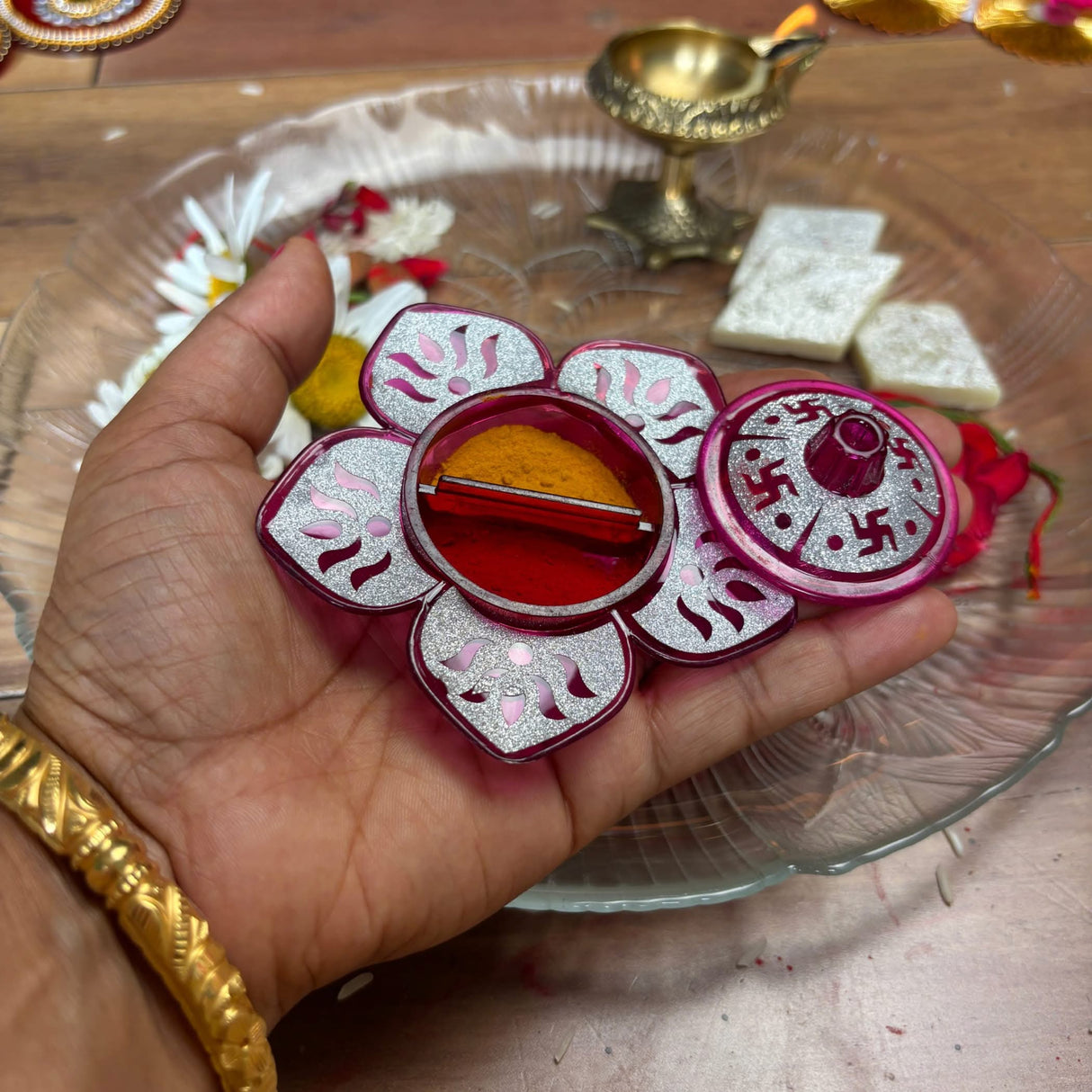 Lotus Haldi Kumkum Holder, Thamboolam, Pooja Favor, Diwali Gift, Diwali Favor, Deewali Decor, Haldikumkum Plate, Pooja Return Gift - LoveNspire