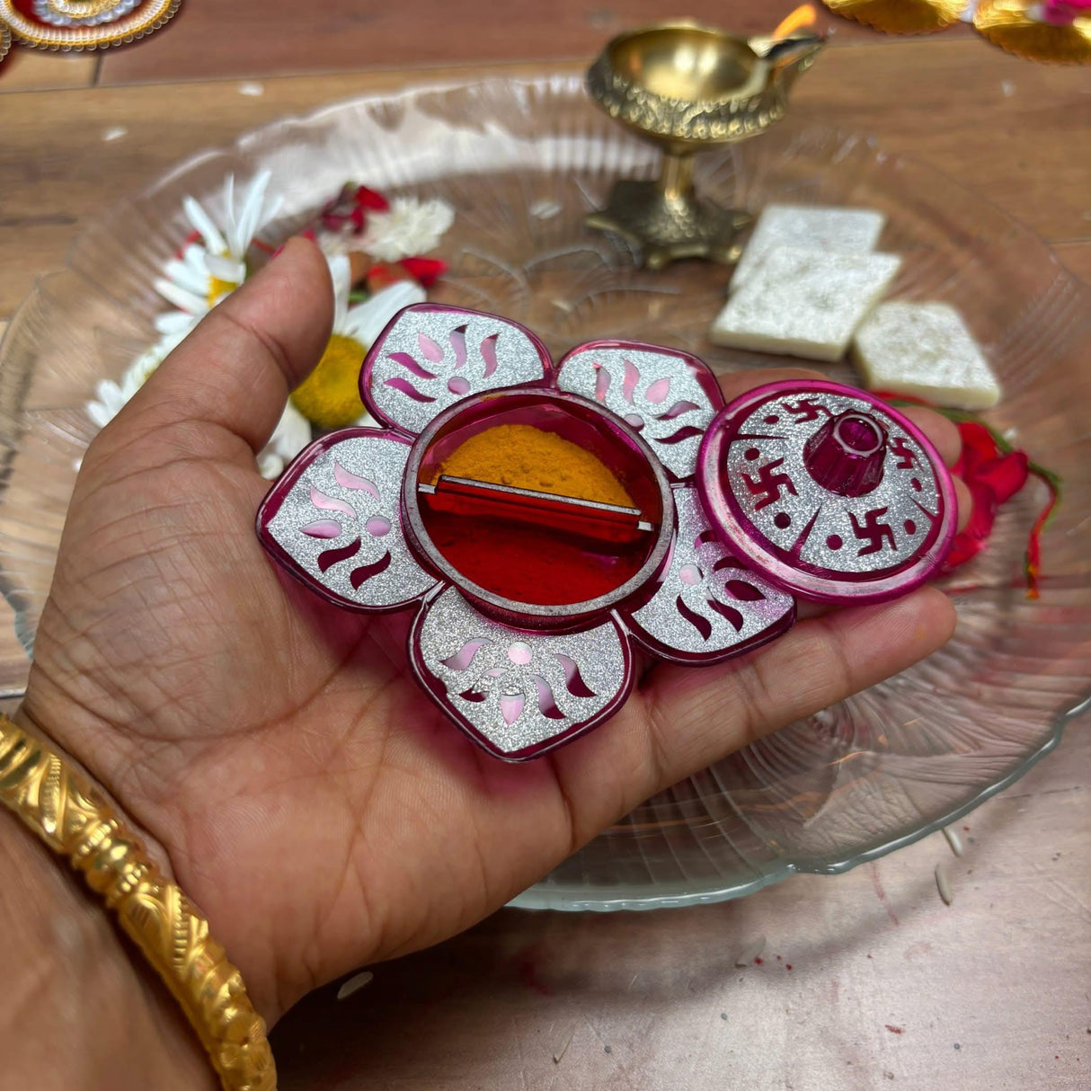 Lotus Haldi Kumkum Holder, Thamboolam, Pooja Favor, Diwali Gift, Diwali Favor, Deewali Decor, Haldikumkum Plate, Pooja Return Gift - LoveNspire