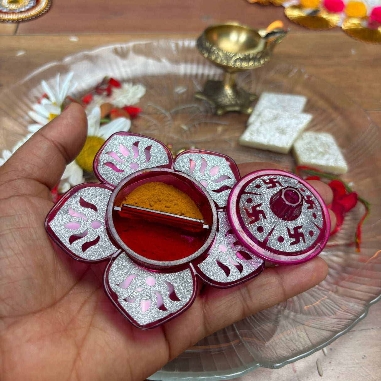 Lotus Haldi Kumkum Holder, Thamboolam, Pooja Favor, Diwali Gift, Diwali Favor, Deewali Decor, Haldikumkum Plate, Pooja Return Gift - LoveNspire